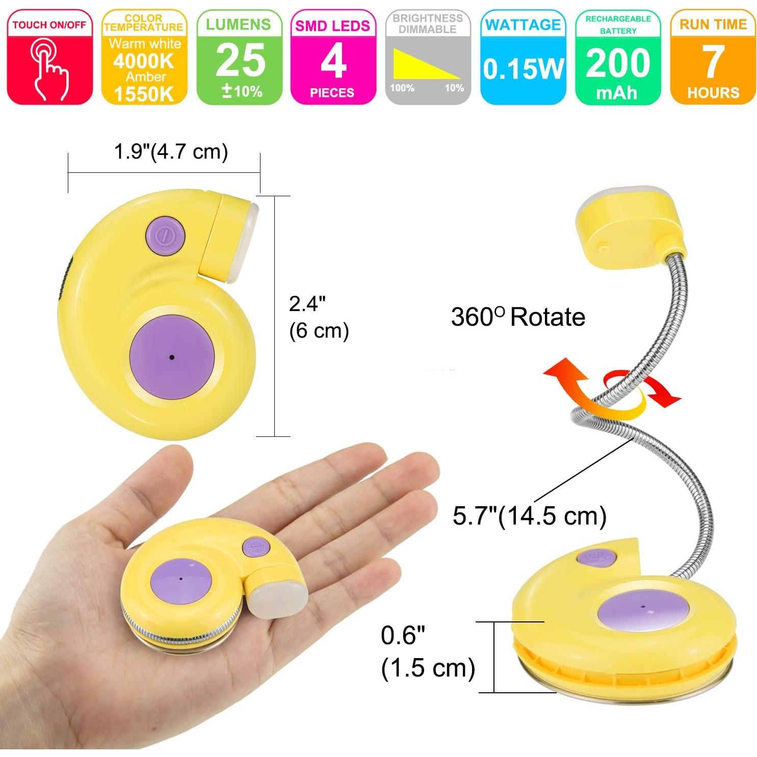 Luz de libro recargable HONGUT amarilla con 2 modos