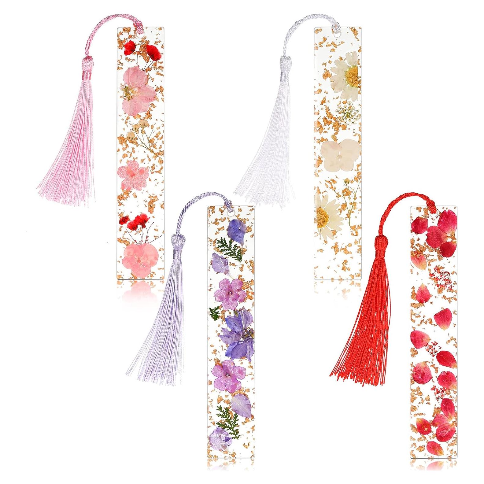 Marcadores de Página de Resina Clabby 4 Piezas con Flores Secas