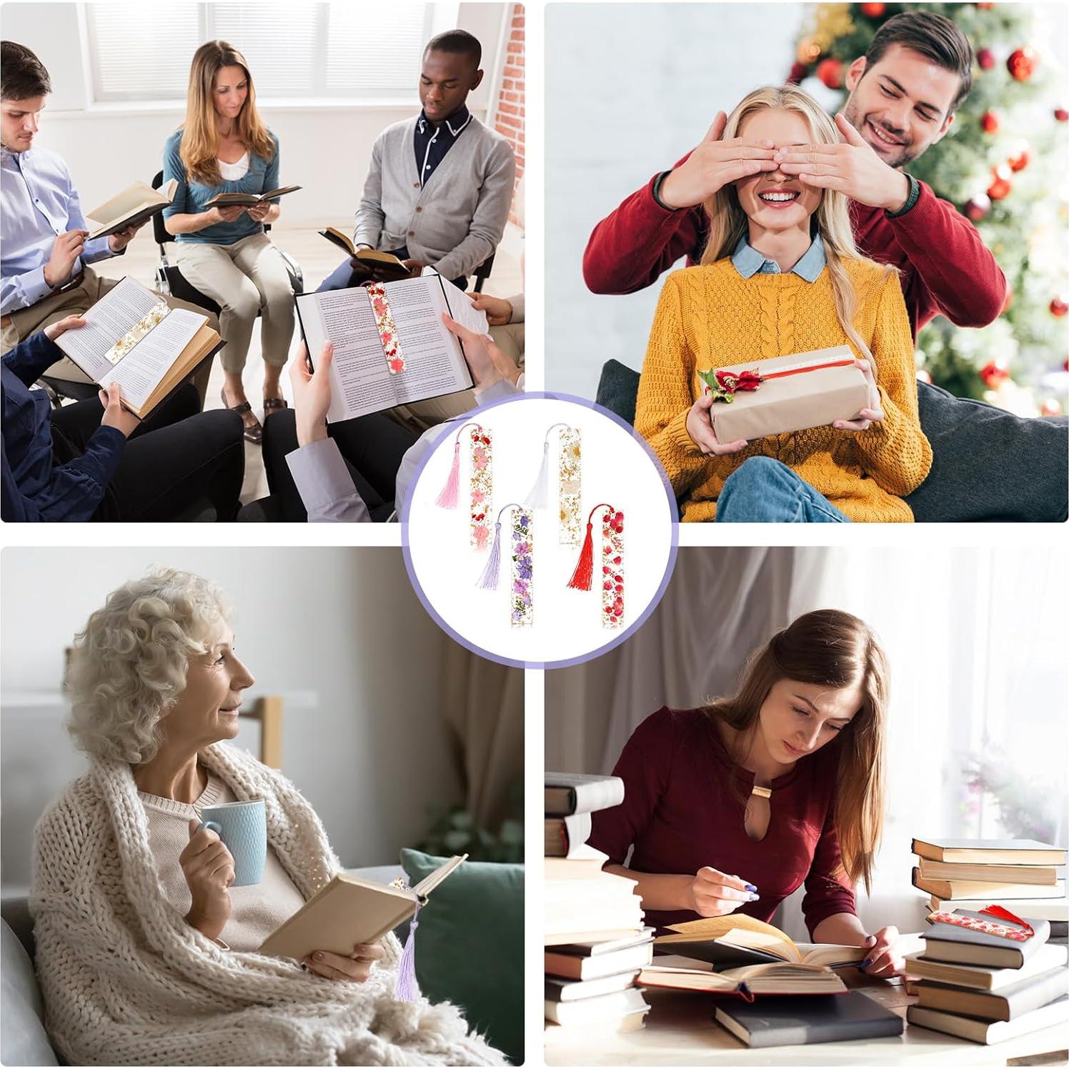 Marcadores de Página de Resina Clabby 4 Piezas con Flores Secas