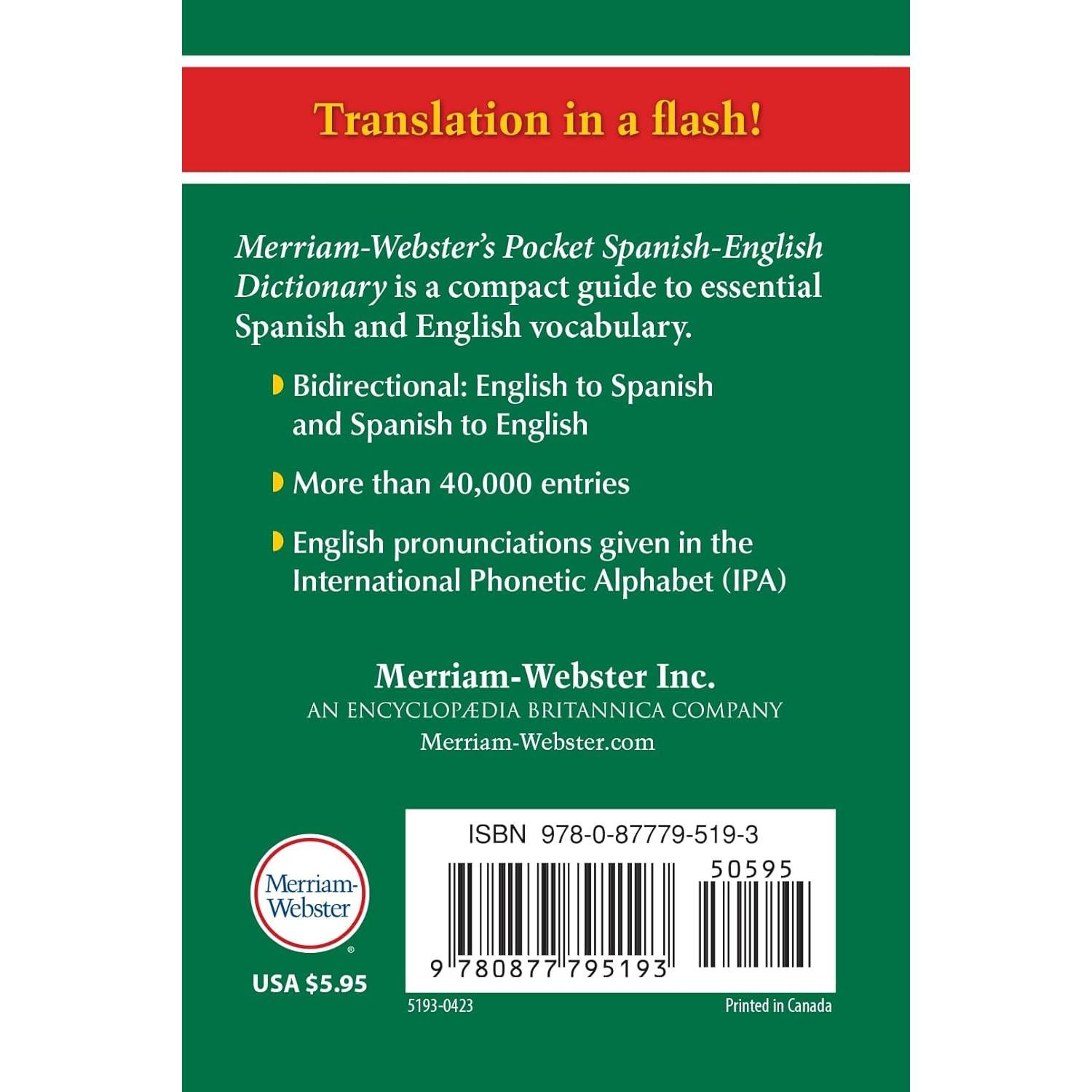 Merriam-Webster's Pocket Spanish-English Dictionary, Newest Edition, (Flexible Paperback) (Pocket Reference Library) (English and Spanish Edition)