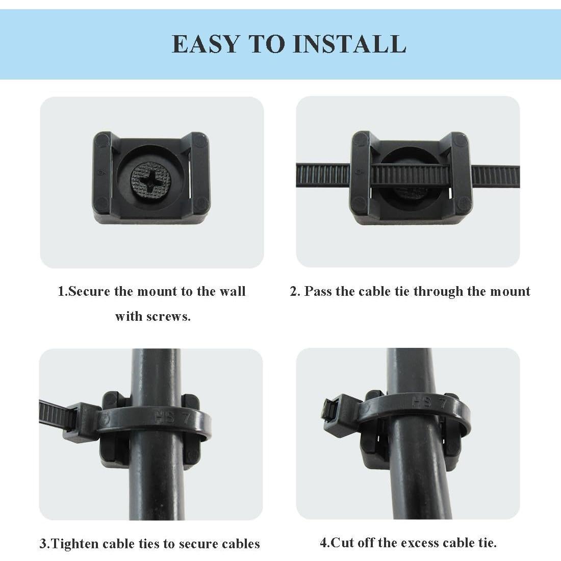 Kit de Bridas de Cable HS 100 Pcs 6" Nylon Negro con Tornillos