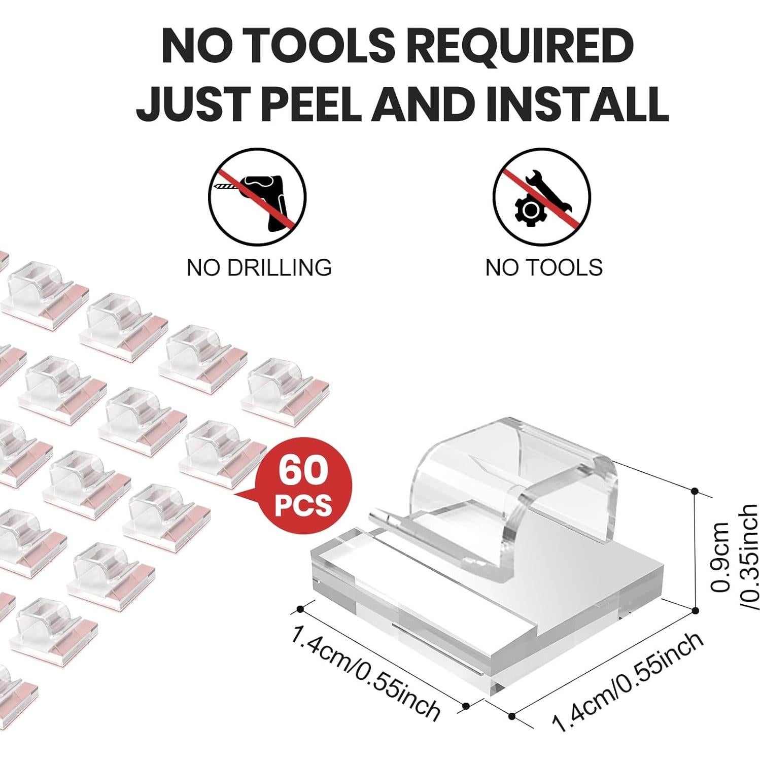 60 Clips de Cable Adhesivos Transparentes OIIVPWUL 1.4x1.4cm