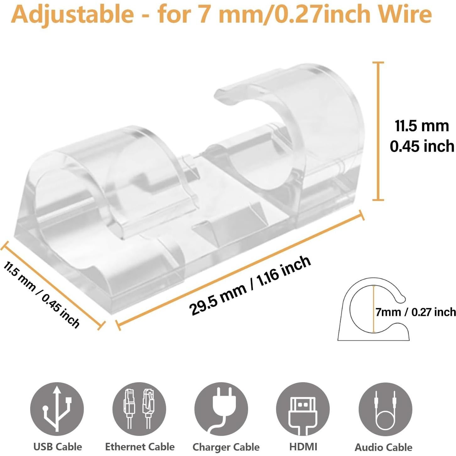 60 Clips de Cable Adhesivos 3M COMRUN Transparentes 3.0x1.1cm