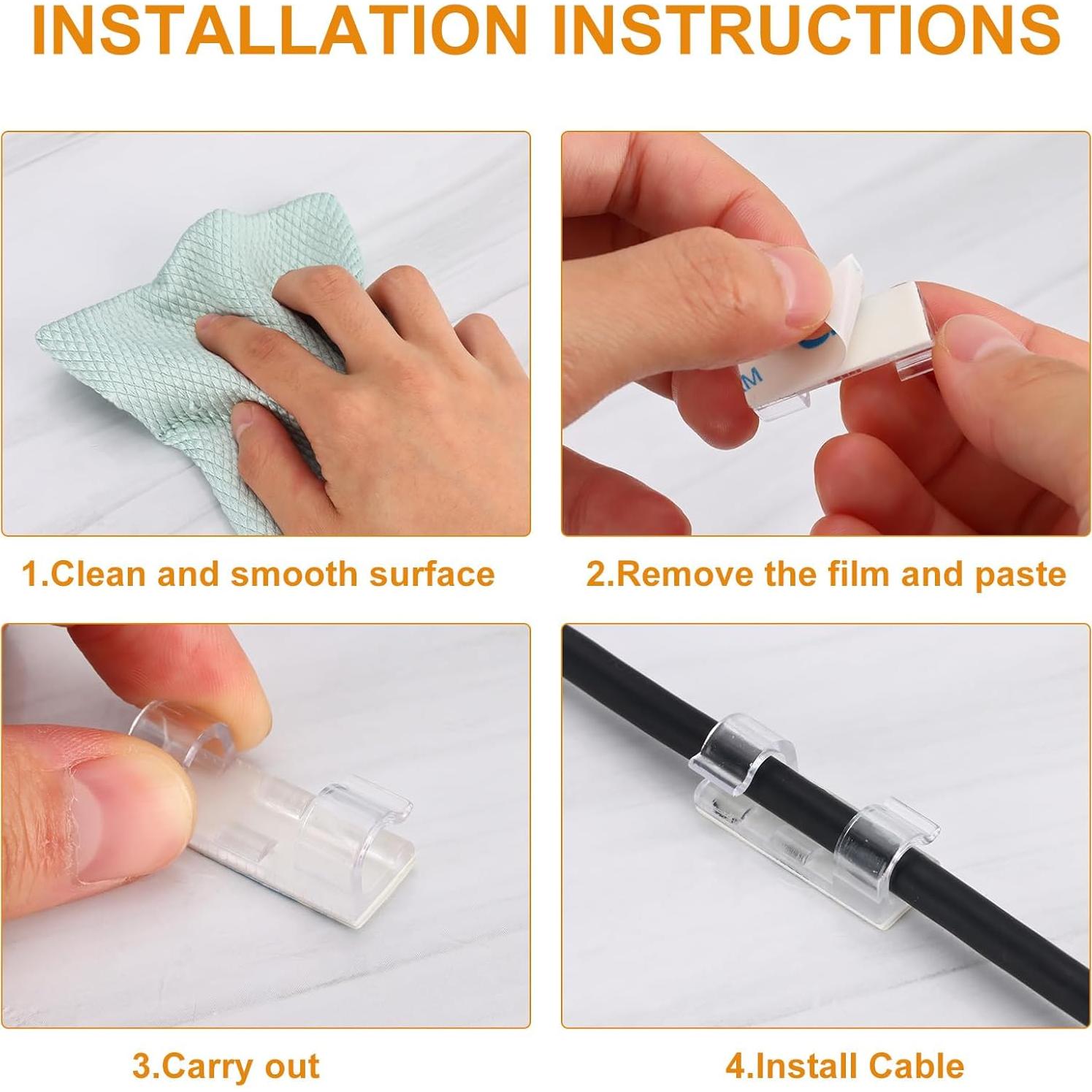 60 Clips de Cable Adhesivos 3M COMRUN Transparentes 3.0x1.1cm