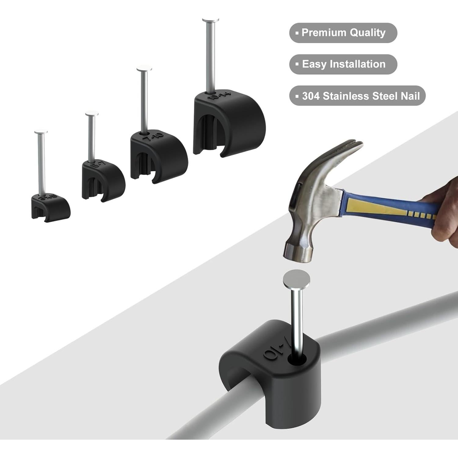 Paquete de 200 Clips de Cable Negros PolarPulse - Acero Inoxidable 304