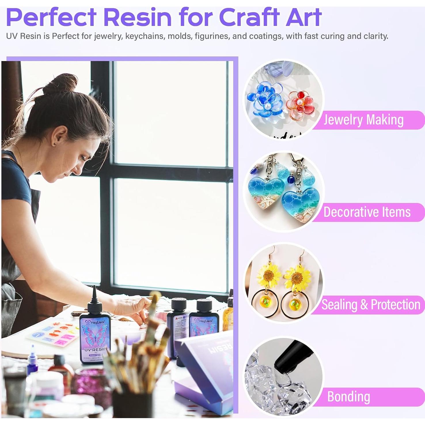 Kit de Resina UV HeyClear 100g - Bajo Olor, Rápido Secado, Ideal para Joyas