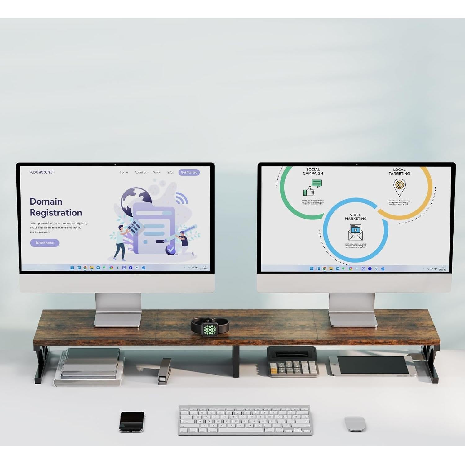 Soporte Doble Monitor ErgoFocus Madera Rústica 99 cm 45 kg