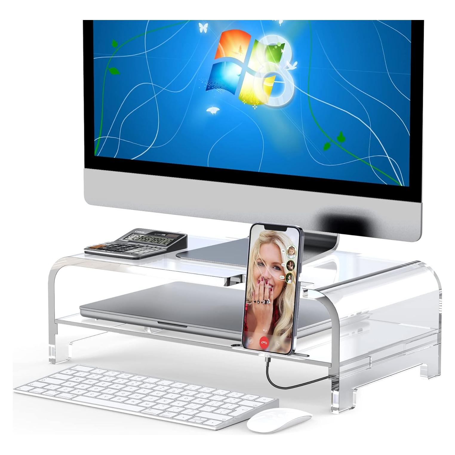 Soporte de Monitor Acrílico Beimu 2 Niveles con Organizador