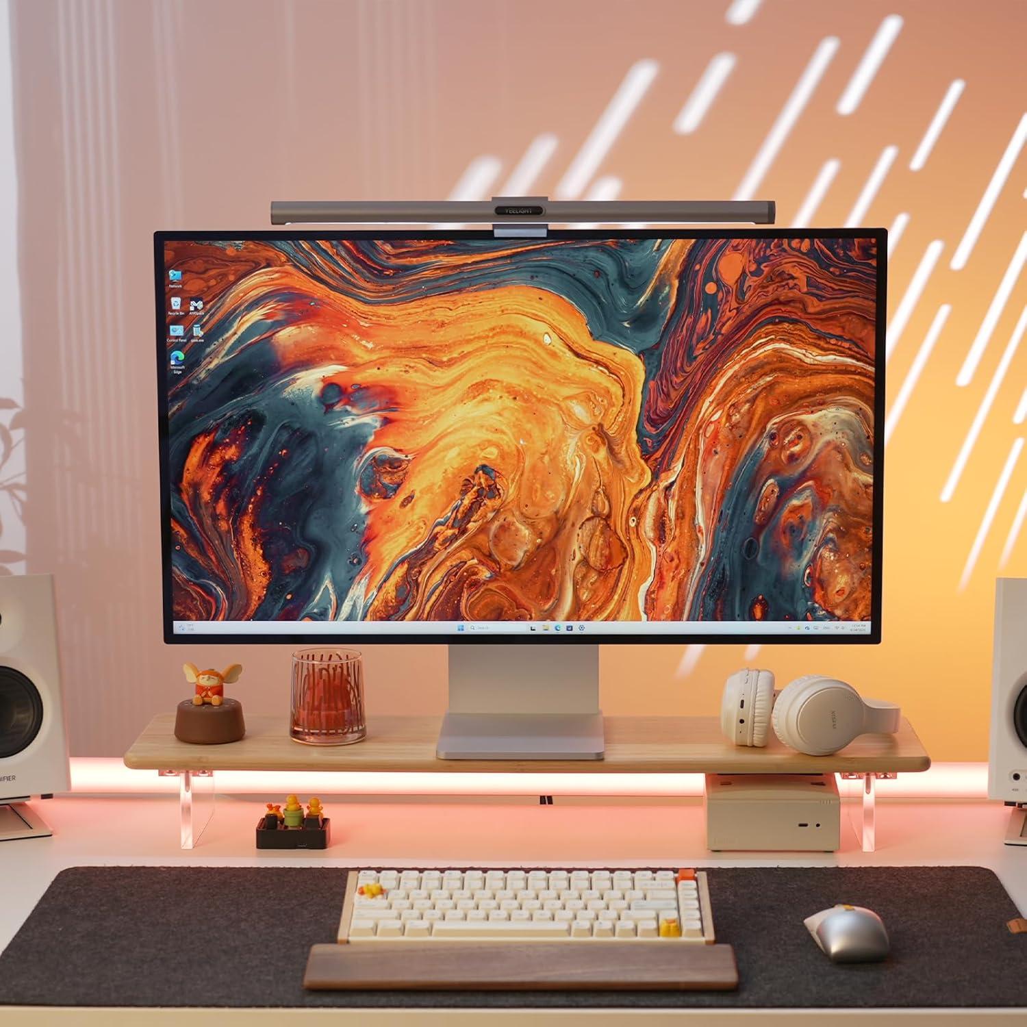 Soporte Elevador de Monitor ROCDEER de Bambú y Acrílico 80x20cm