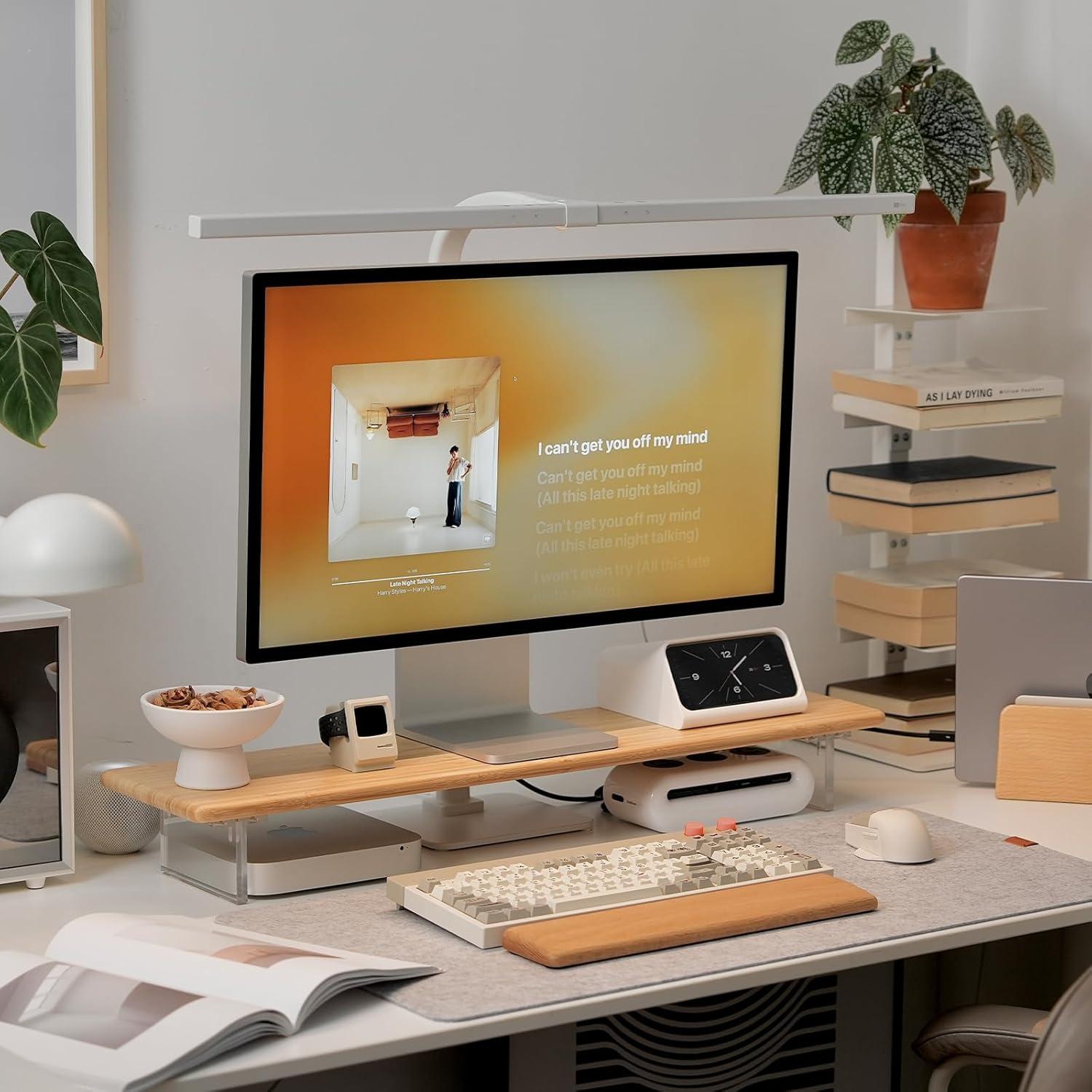 Soporte Elevador de Monitor ROCDEER de Bambú y Acrílico 80x20cm