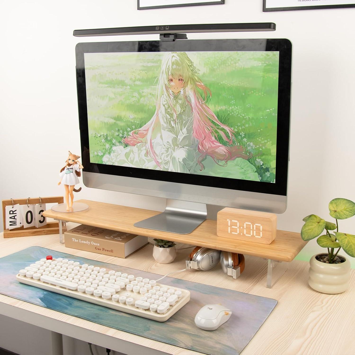 Soporte Elevador de Monitor ROCDEER de Bambú y Acrílico 80x20cm