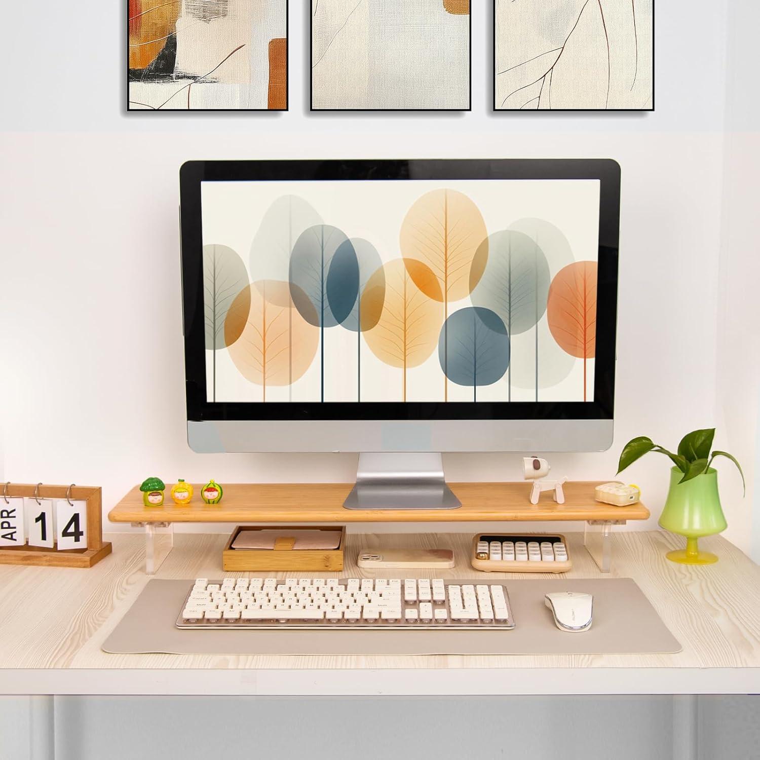 Soporte Elevador de Monitor ROCDEER de Bambú y Acrílico 80x20cm