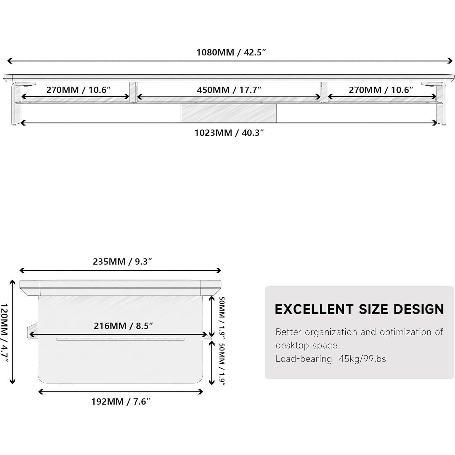 Soporte Doble Monitor Acrílico Fenge 108 cm Negro con Almacenamiento