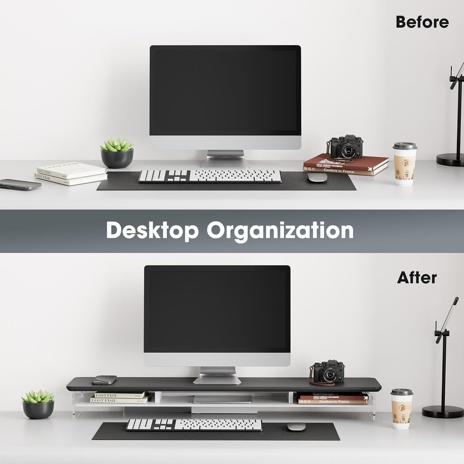 Soporte Doble Monitor Acrílico Fenge 108 cm Negro con Almacenamiento