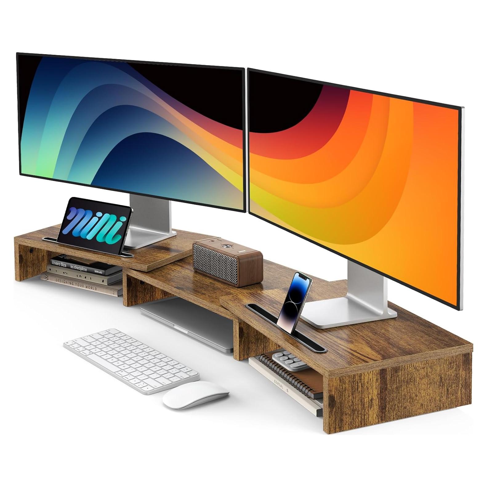 Soporte Elevador para Doble Monitor AMERIERGO Madera Rústica