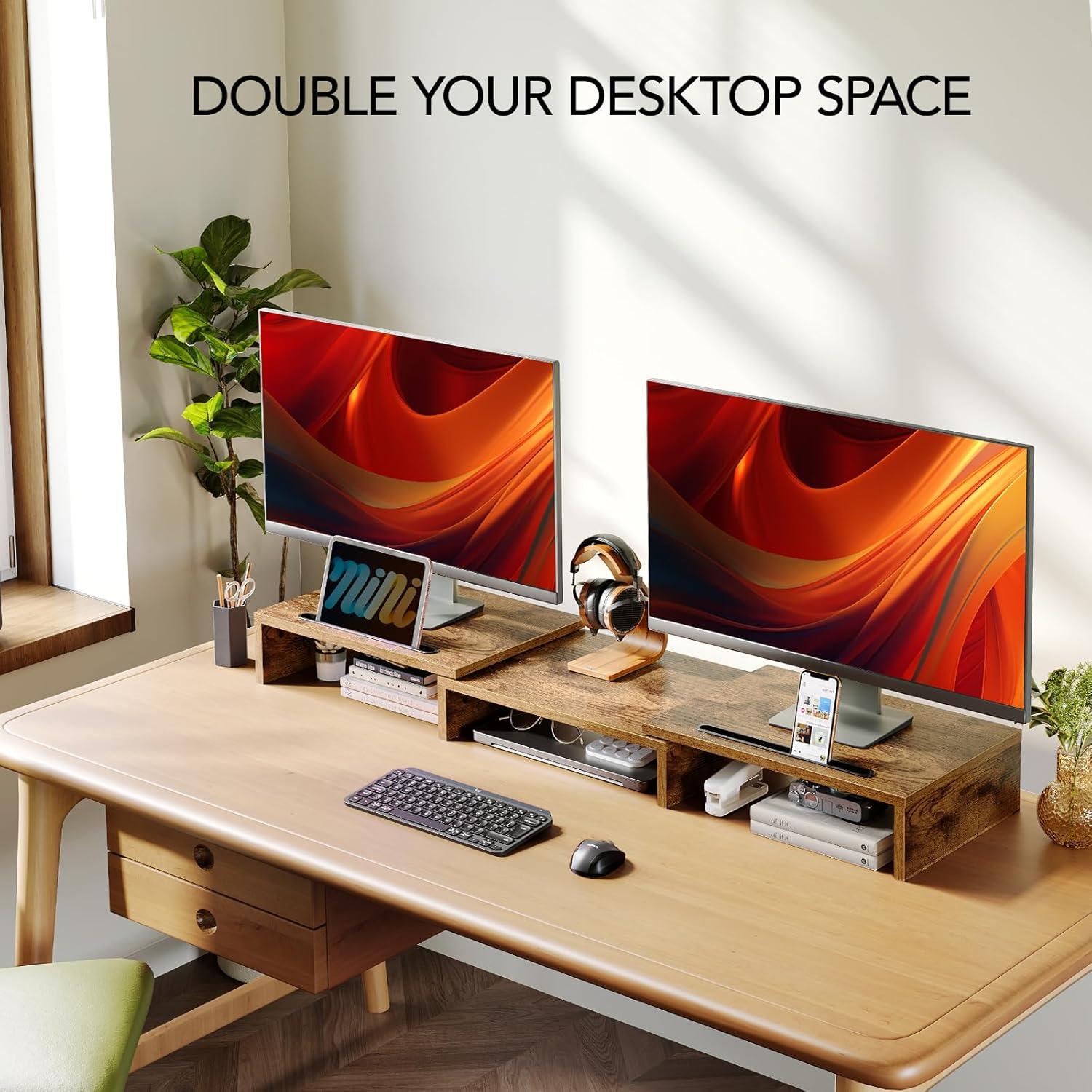 Soporte Elevador para Doble Monitor AMERIERGO Madera Rústica