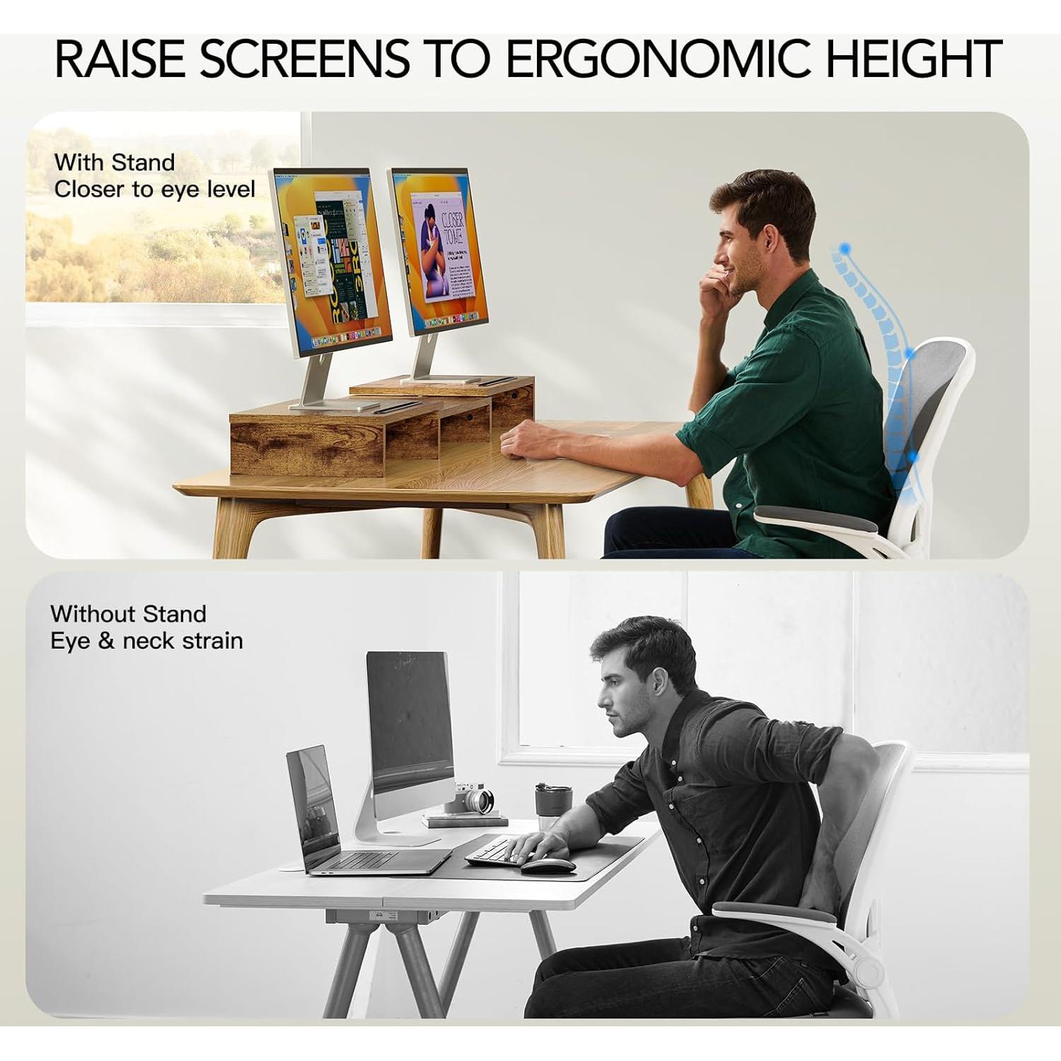 Soporte Elevador para Doble Monitor AMERIERGO Madera Rústica