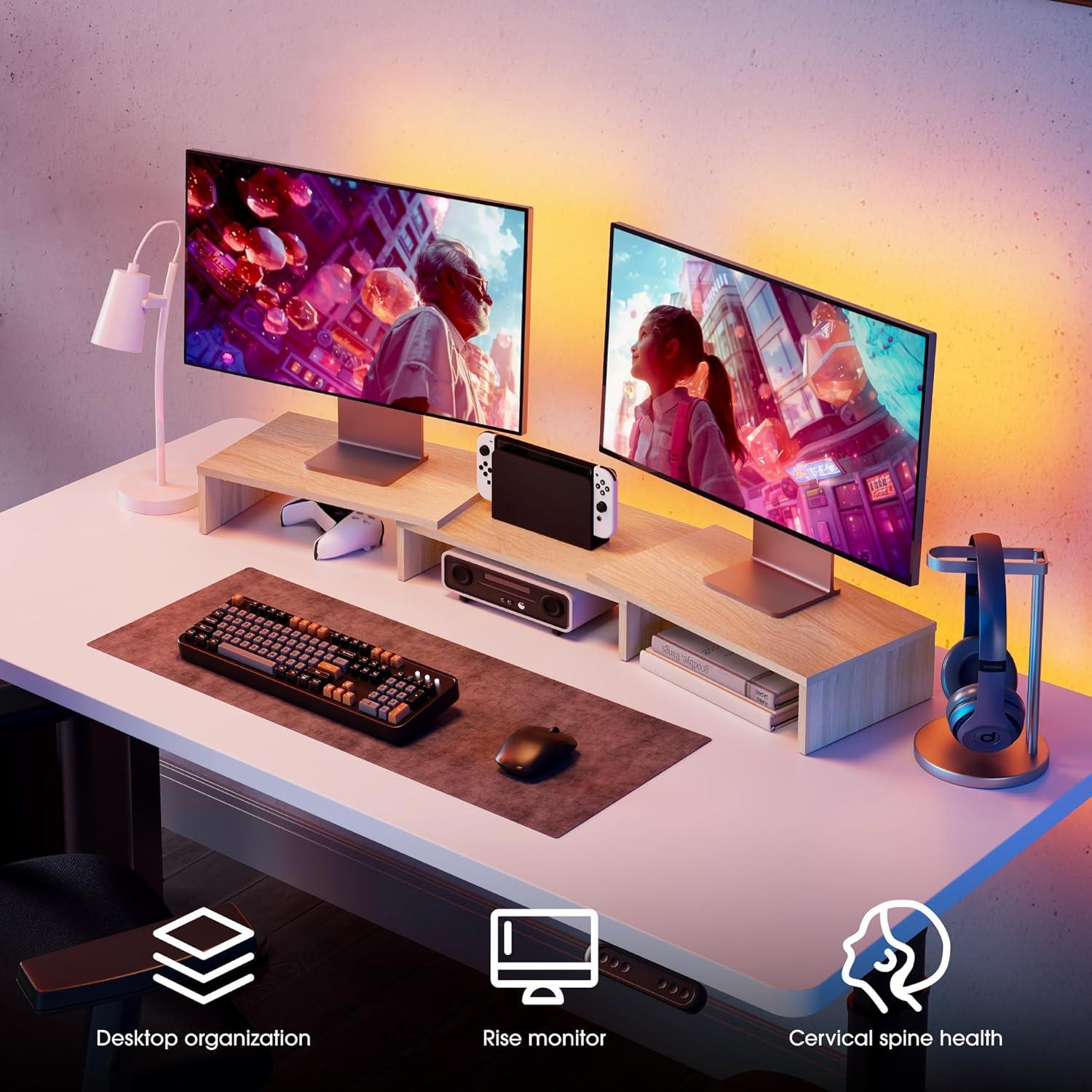 Soporte Doble para Monitor FITUEYES - Madera Roble Ajustable 108.4 cm