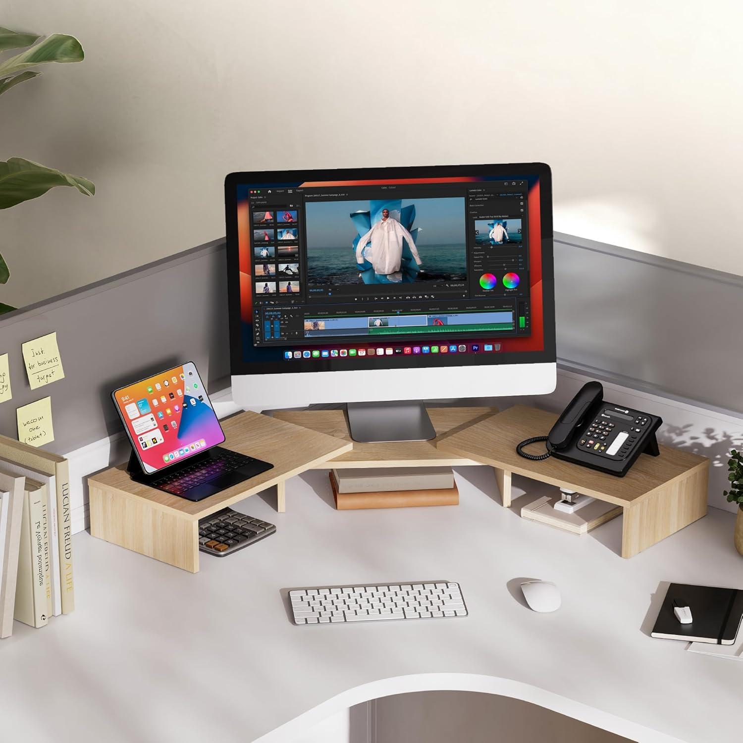 Soporte Doble para Monitor FITUEYES - Madera Roble Ajustable 108.4 cm