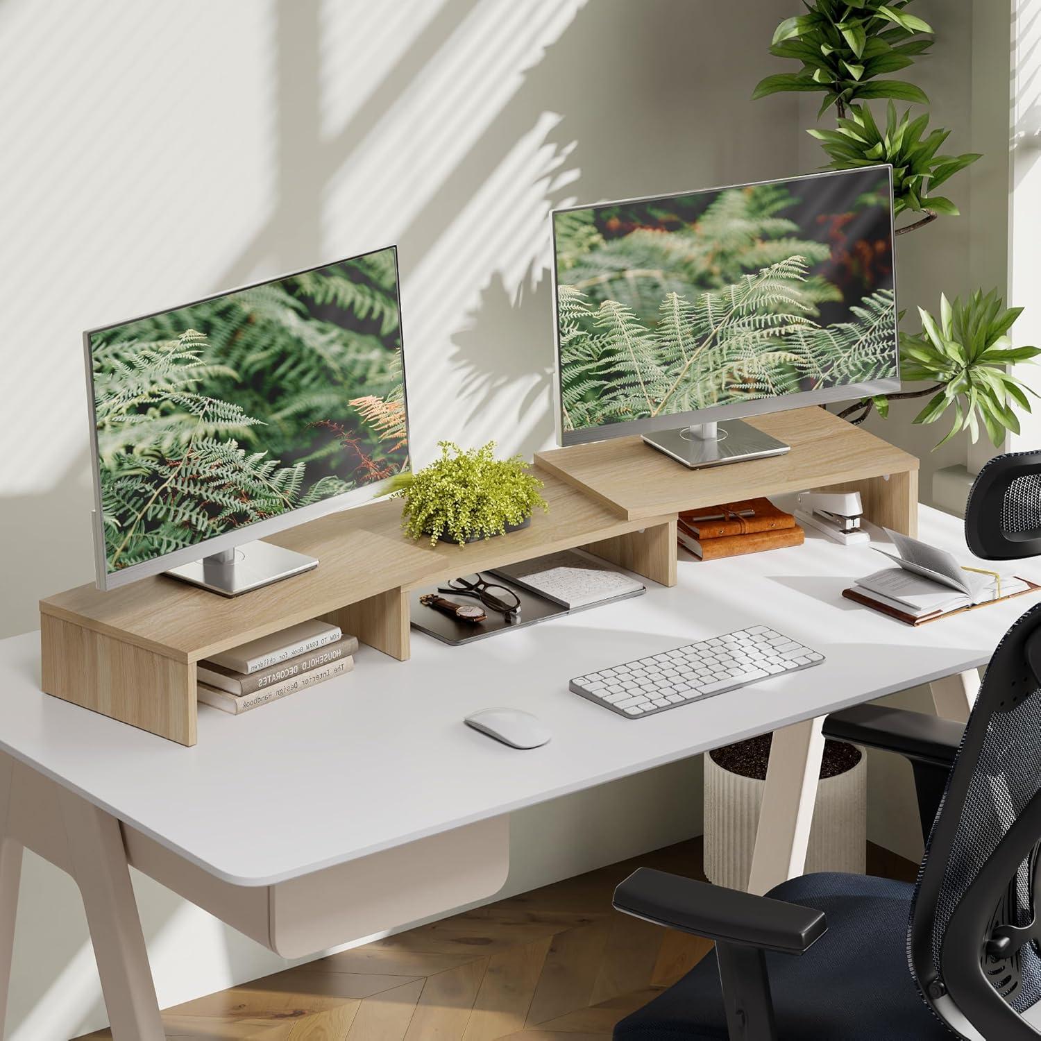 Soporte Doble para Monitor FITUEYES - Madera Roble Ajustable 108.4 cm