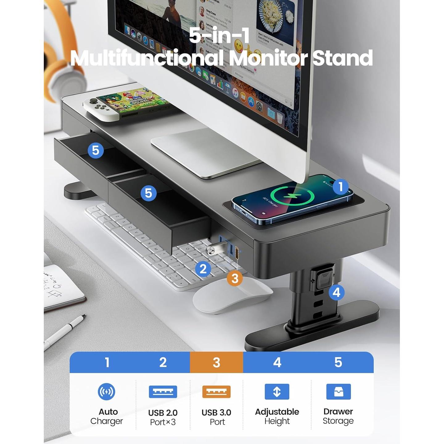 Soporte para Monitor Meatanty Ajustable con Cargador USB 5 en 1
