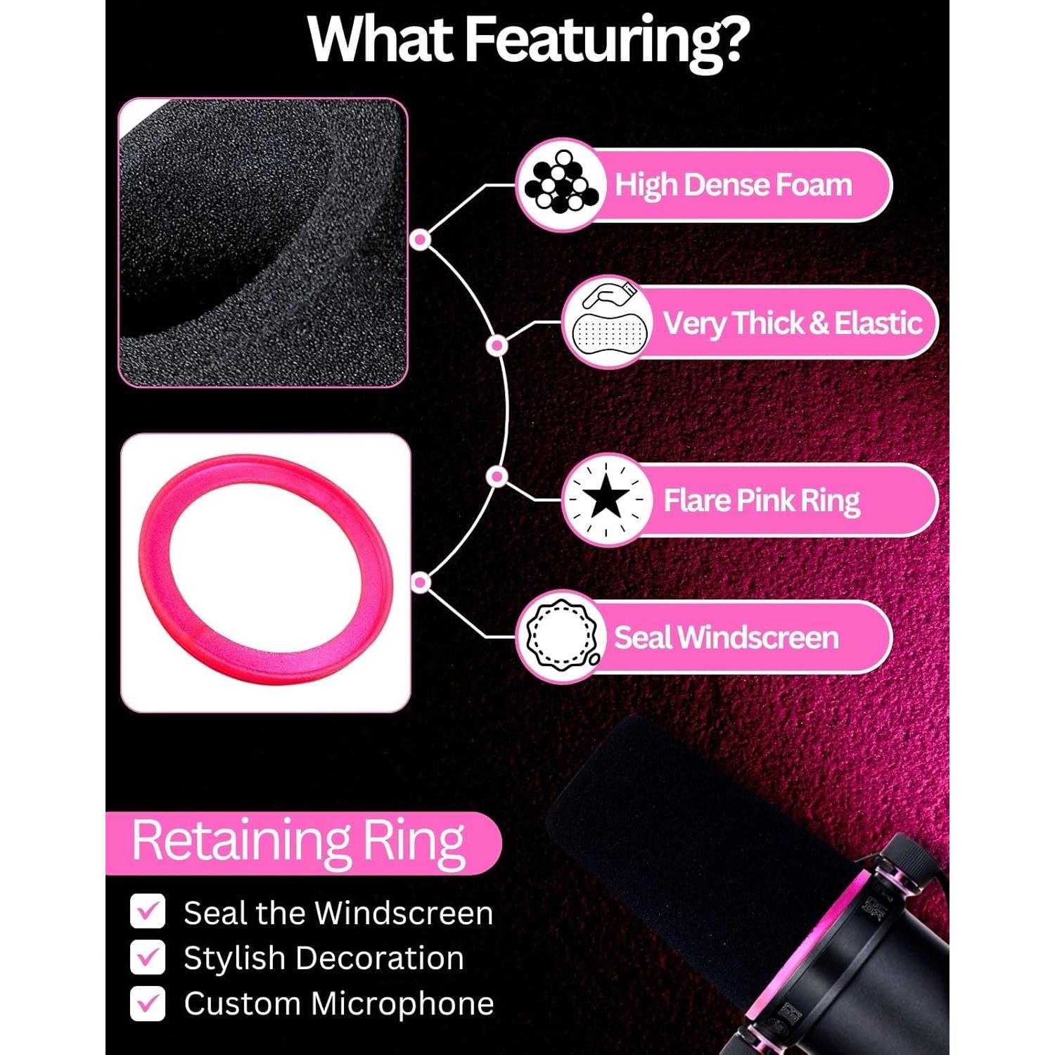 SM7b Foam Cover for Shuer SM7B, MV7 POP Filter RK345 Replacement, Windscreen with Colored Retaining O-Ring Identified Seat (Pinkly)