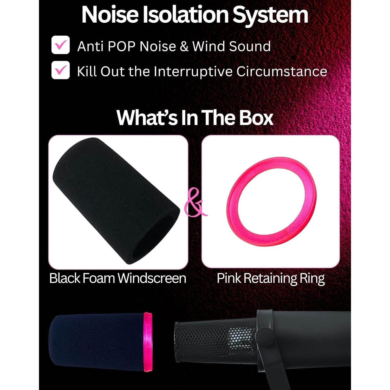 SM7b Foam Cover for Shuer SM7B, MV7 POP Filter RK345 Replacement, Windscreen with Colored Retaining O-Ring Identified Seat (Pinkly)