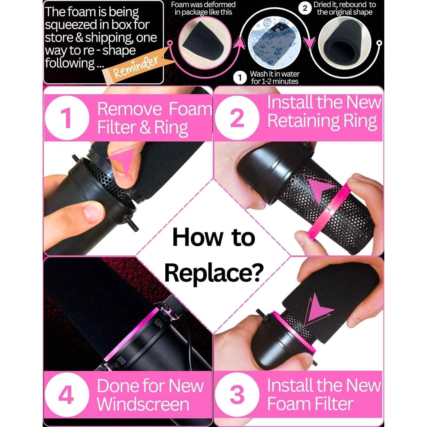 SM7b Foam Cover for Shuer SM7B, MV7 POP Filter RK345 Replacement, Windscreen with Colored Retaining O-Ring Identified Seat (Pinkly)