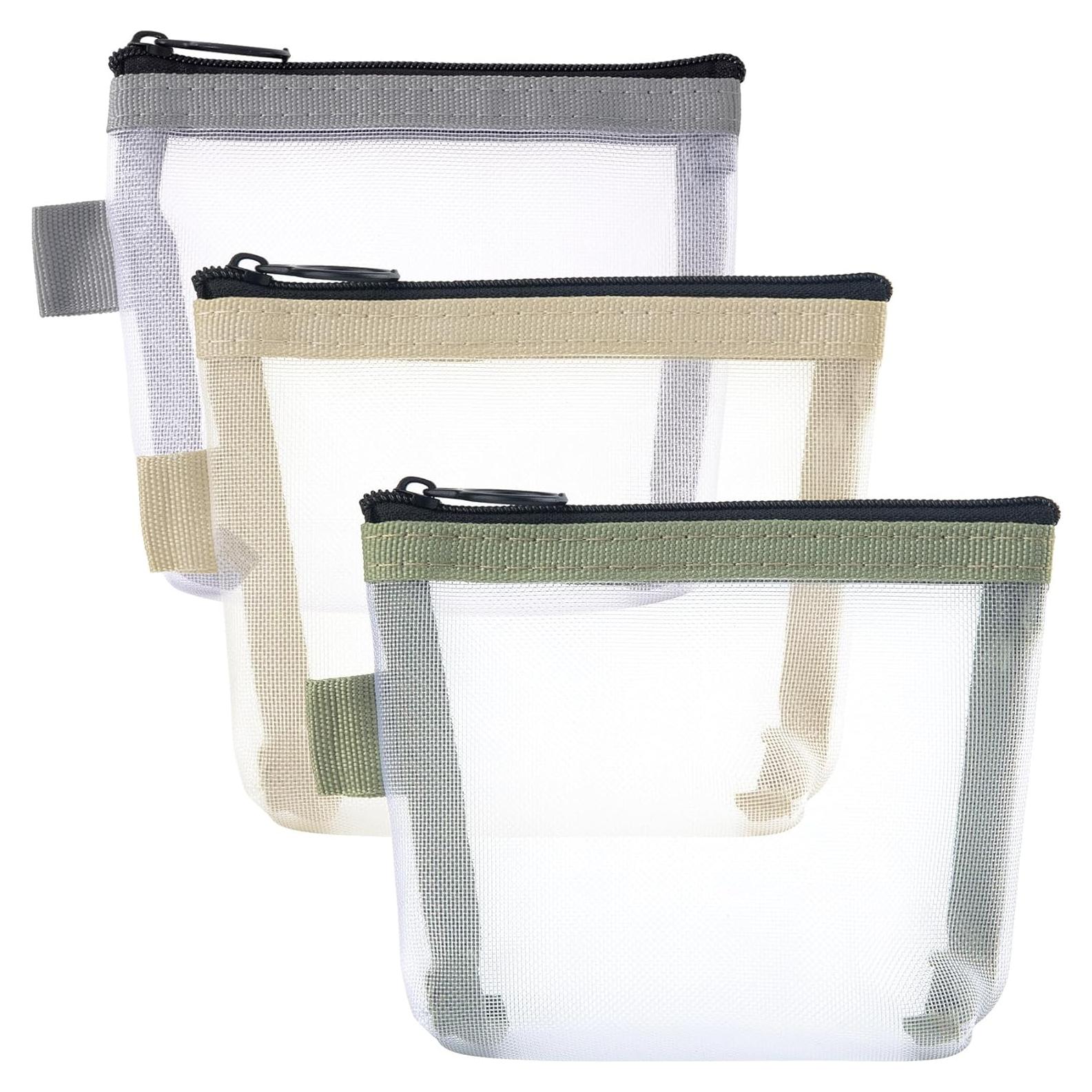 3 Mini Bolsas de Maquillaje de Malla BEIQIYA - Gris, Verde y Amarillo