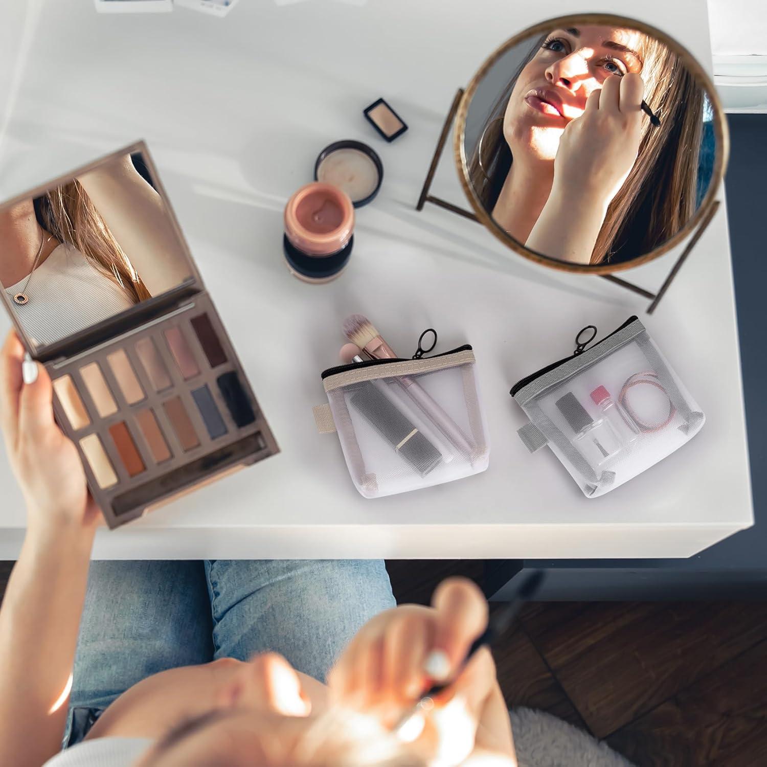 3 Mini Bolsas de Maquillaje de Malla BEIQIYA - Gris, Verde y Amarillo