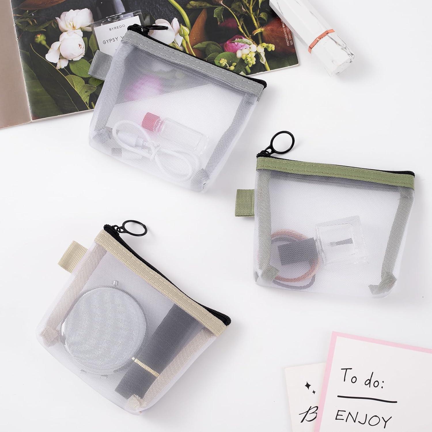 3 Mini Bolsas de Maquillaje de Malla BEIQIYA - Gris, Verde y Amarillo