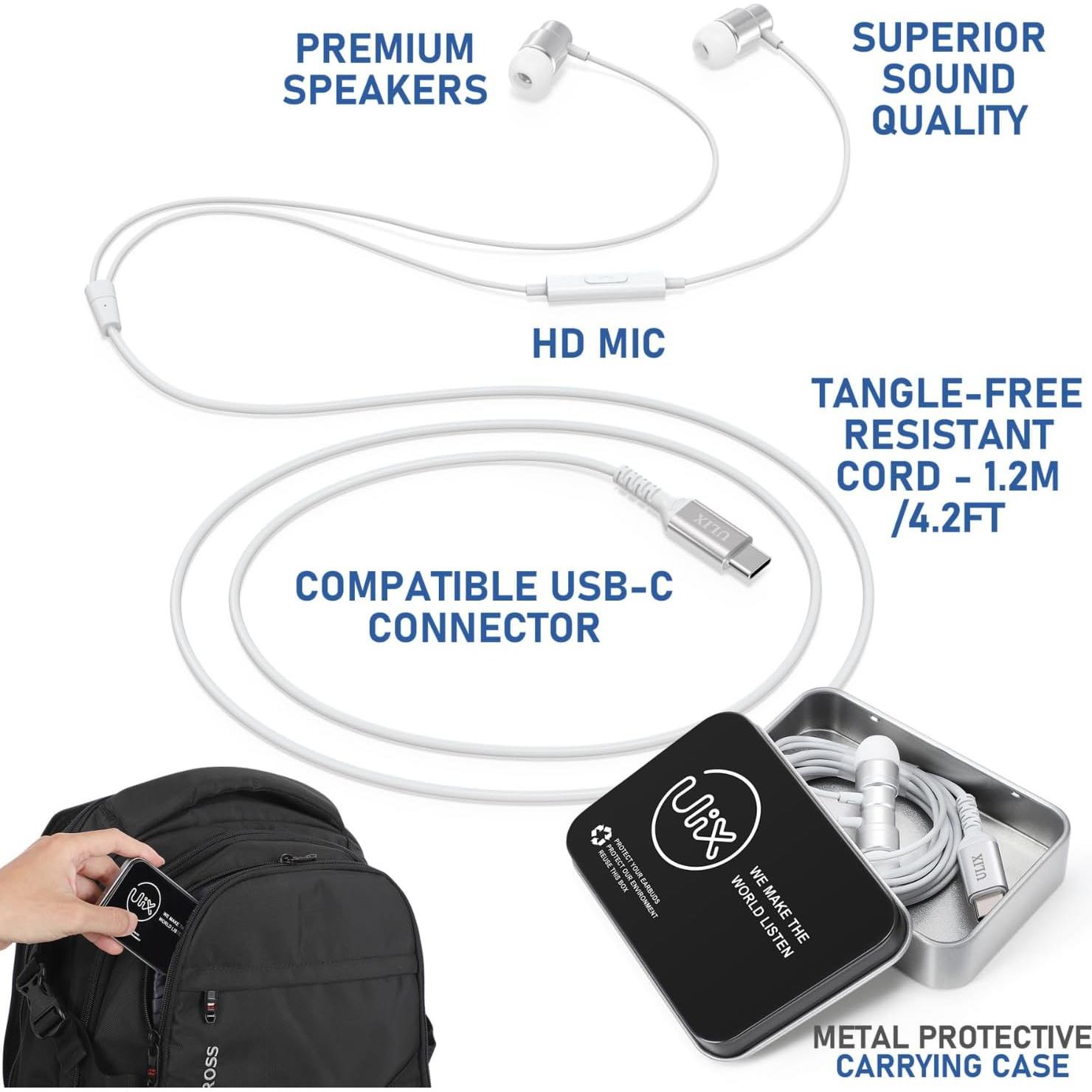 Rider USB C Headphones, 5 Years Warranty, Magnetic USB-C Earbuds for iPhone 16 15 Pro Max Plus Samsung Galaxy S24 S23 Ultra S22 S21 FE S20 Z Flip 3 Fold 4 A53 A54, USB Type C Earphones - White