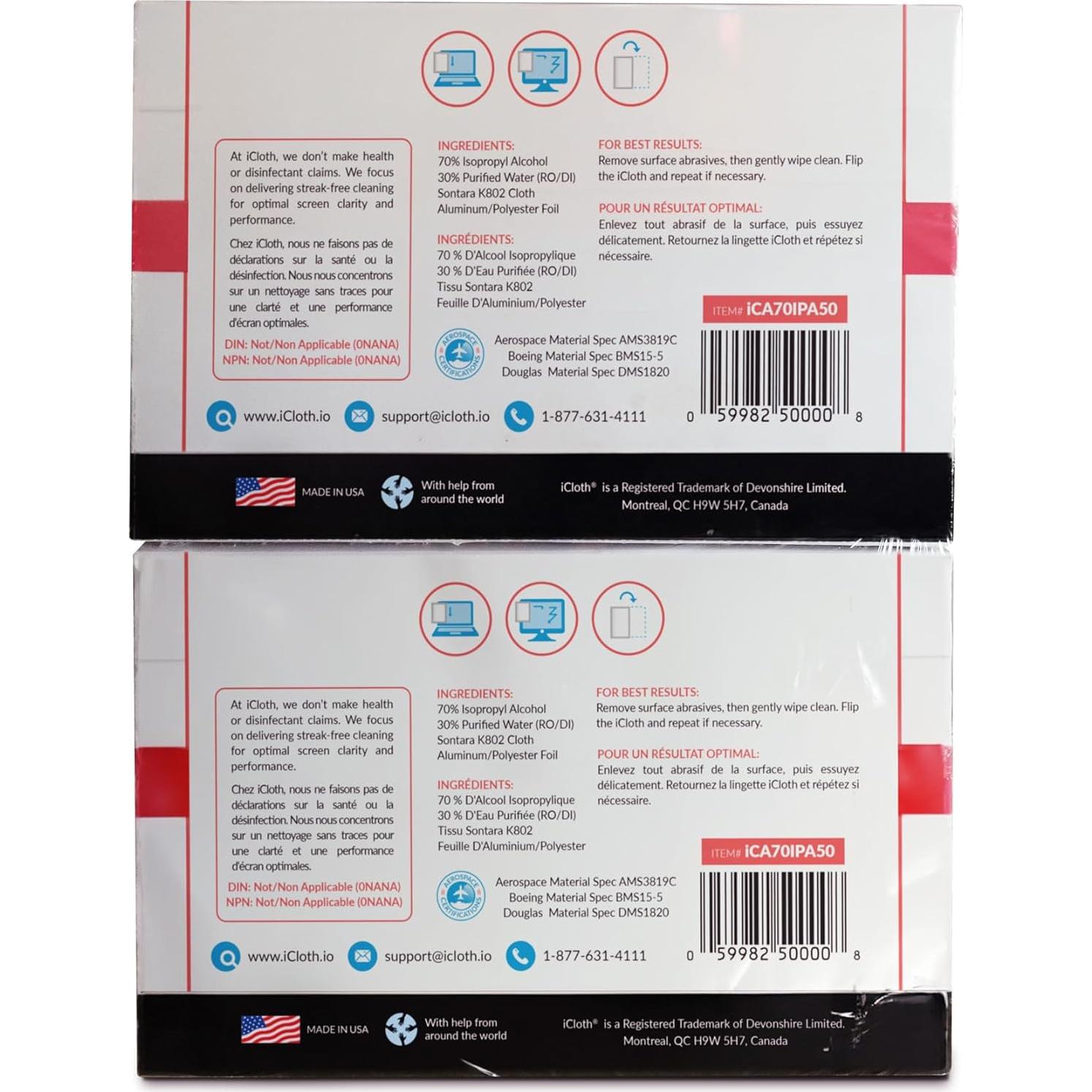 Toallitas de Alcohol Isopropílico 70% iCloth - 100 Unidades