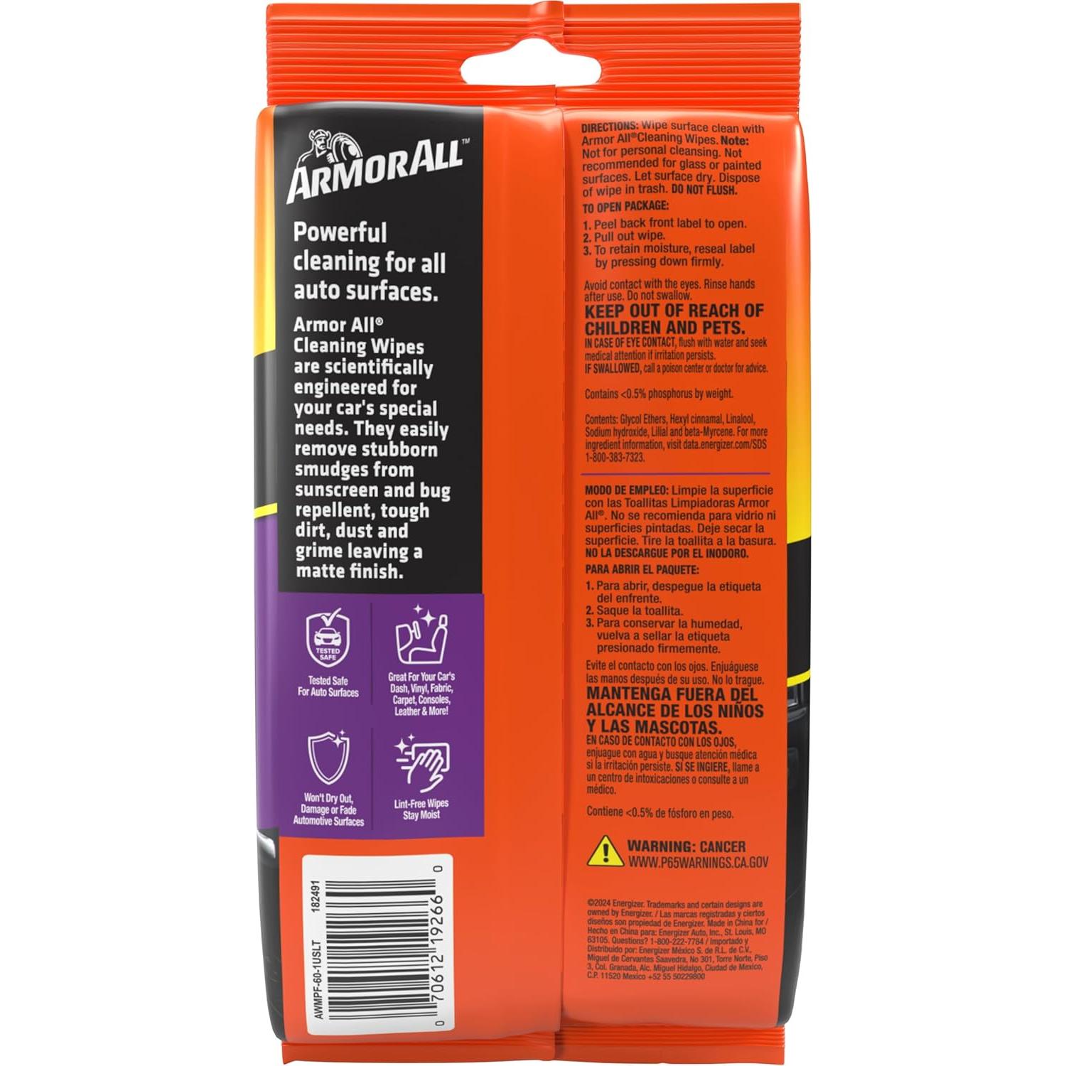 Toallitas Limpiadoras Multiusos Armor All 60 Unidades