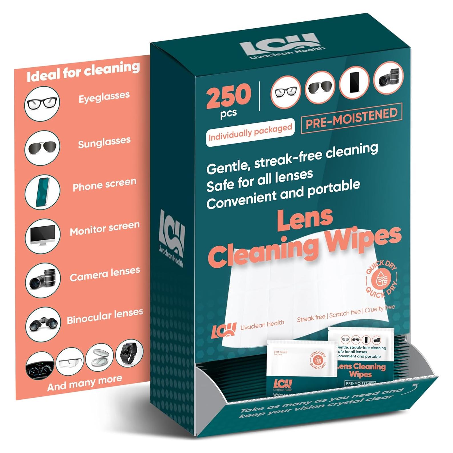 250 Toallitas Limpiadoras para Gafas Livaclean - Prehumedecidas