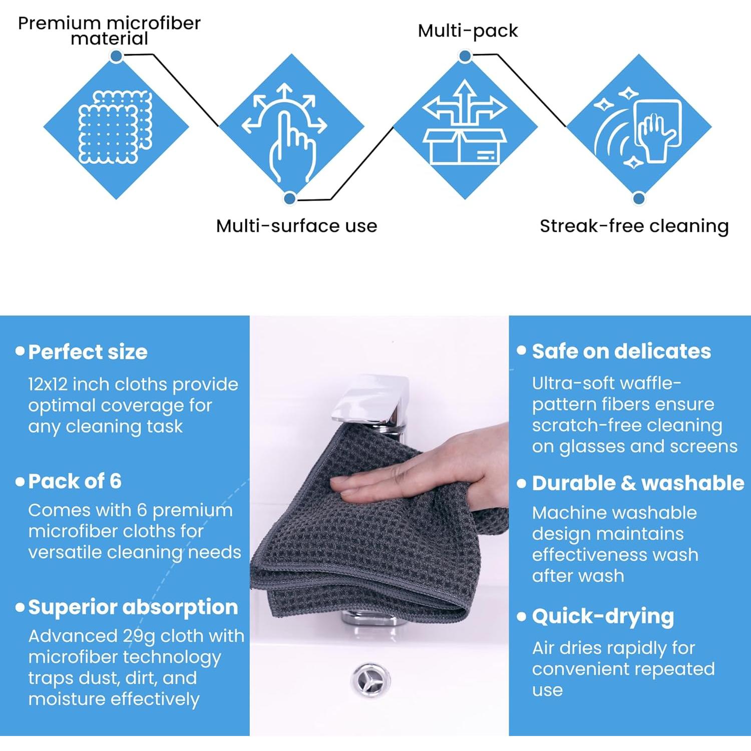 Paños de Microfibra Premium MIRACLEAN 30x30 cm - Paquete de 6