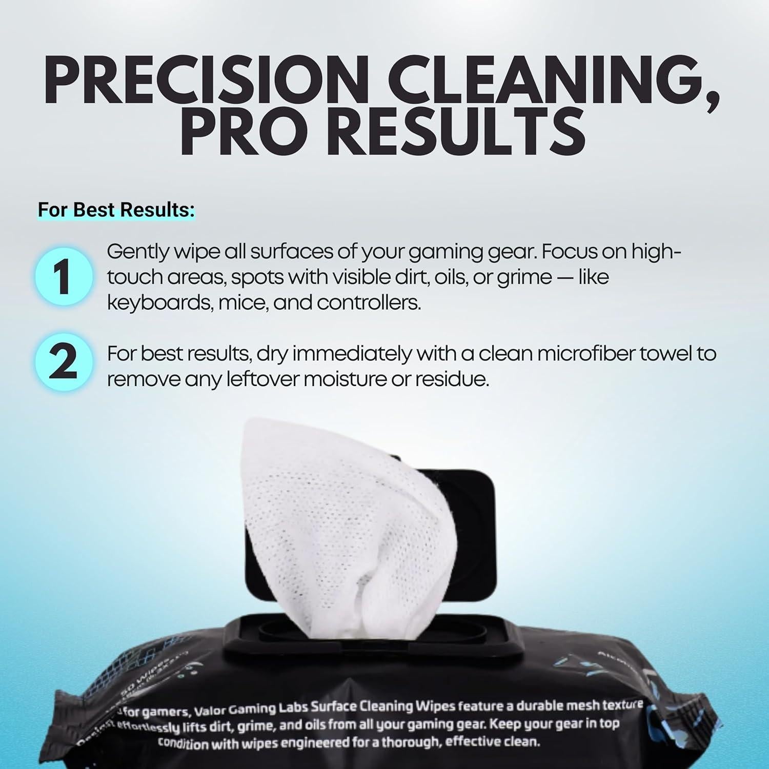 Toallitas de limpieza Valor Gaming Labs - 50 unidades, sin alcohol