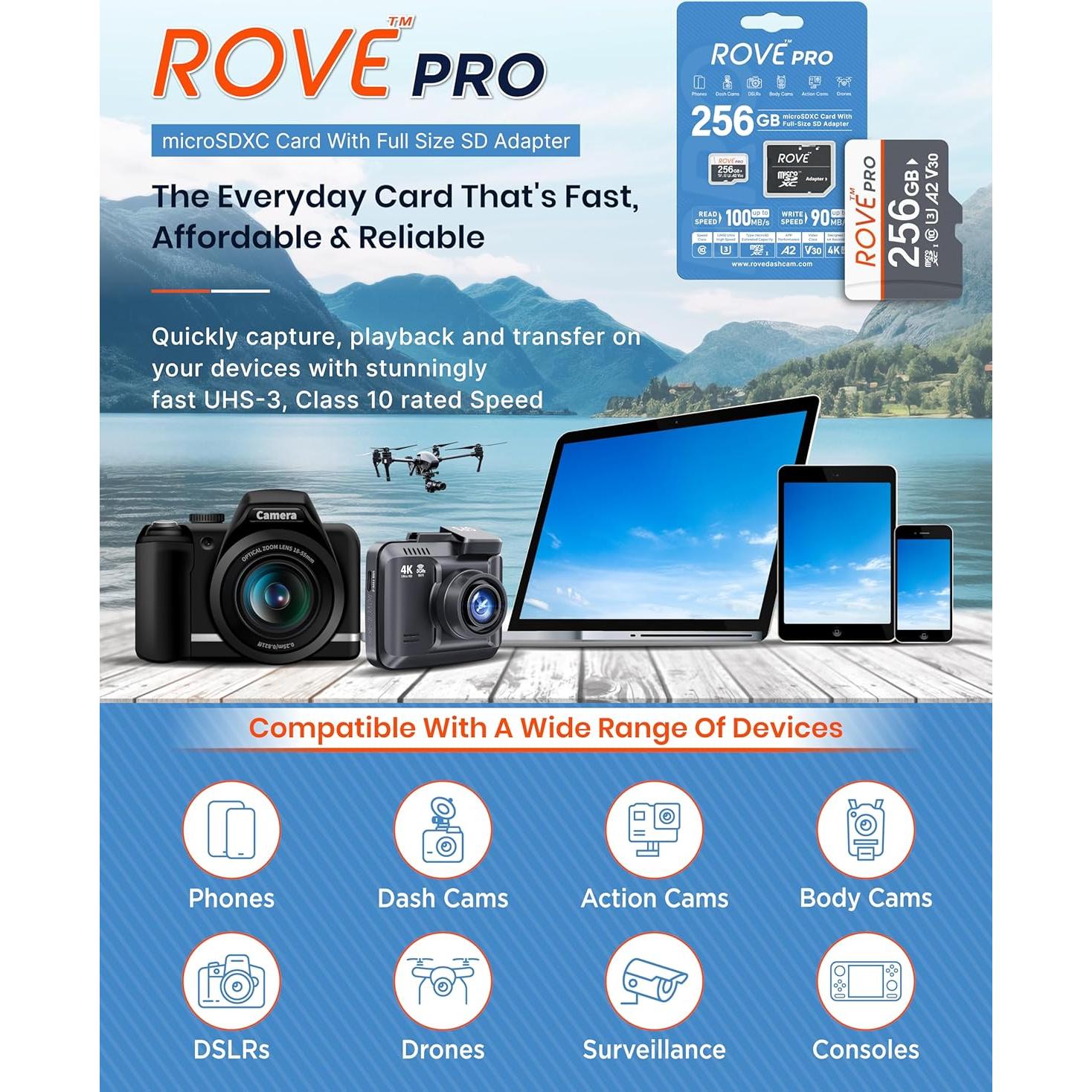 Tarjeta Micro SD ROVE PRO 256GB con Adaptador SD 100MB/s