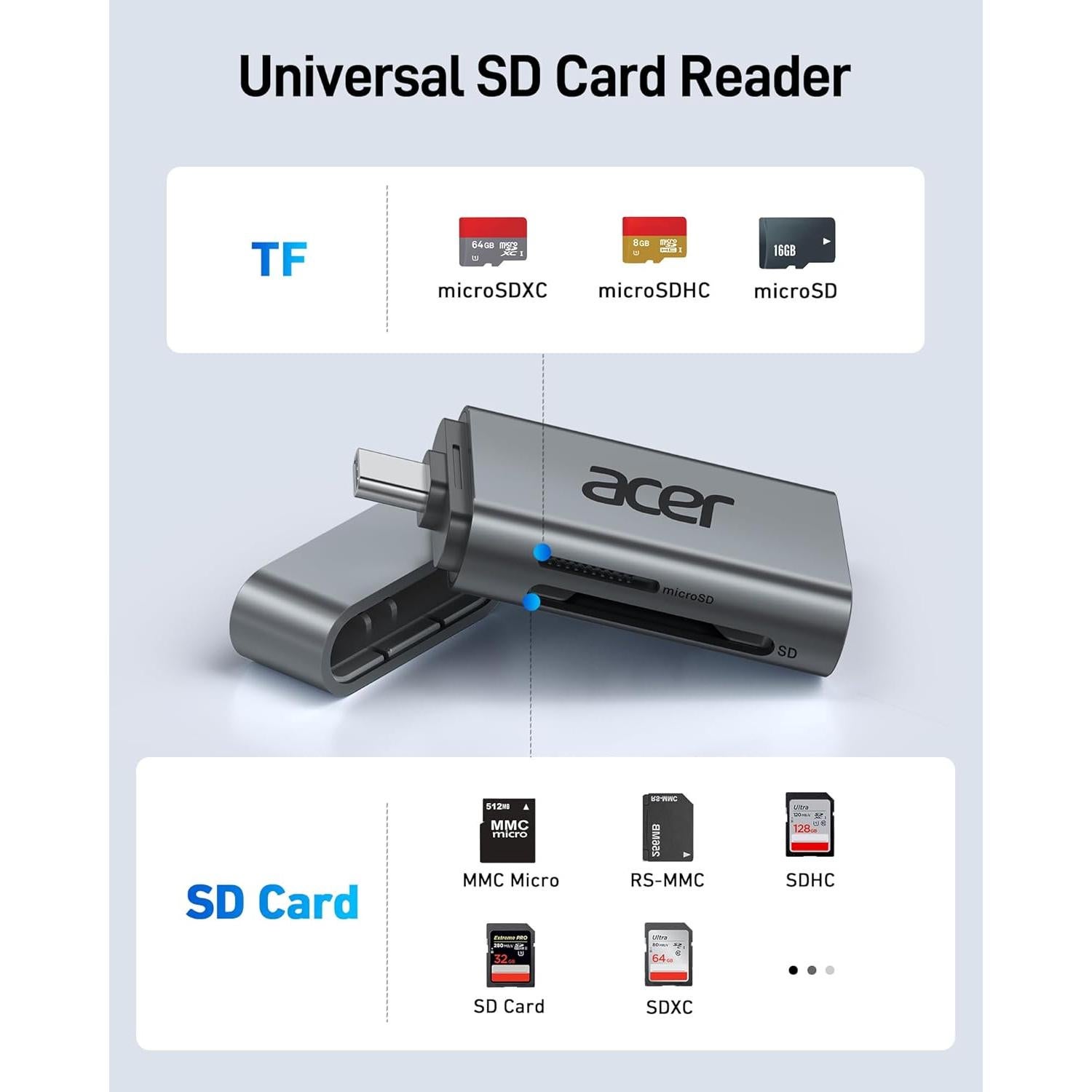 Lector de Tarjetas SD USB C Acer ODK460, Adaptador 2 en 1
