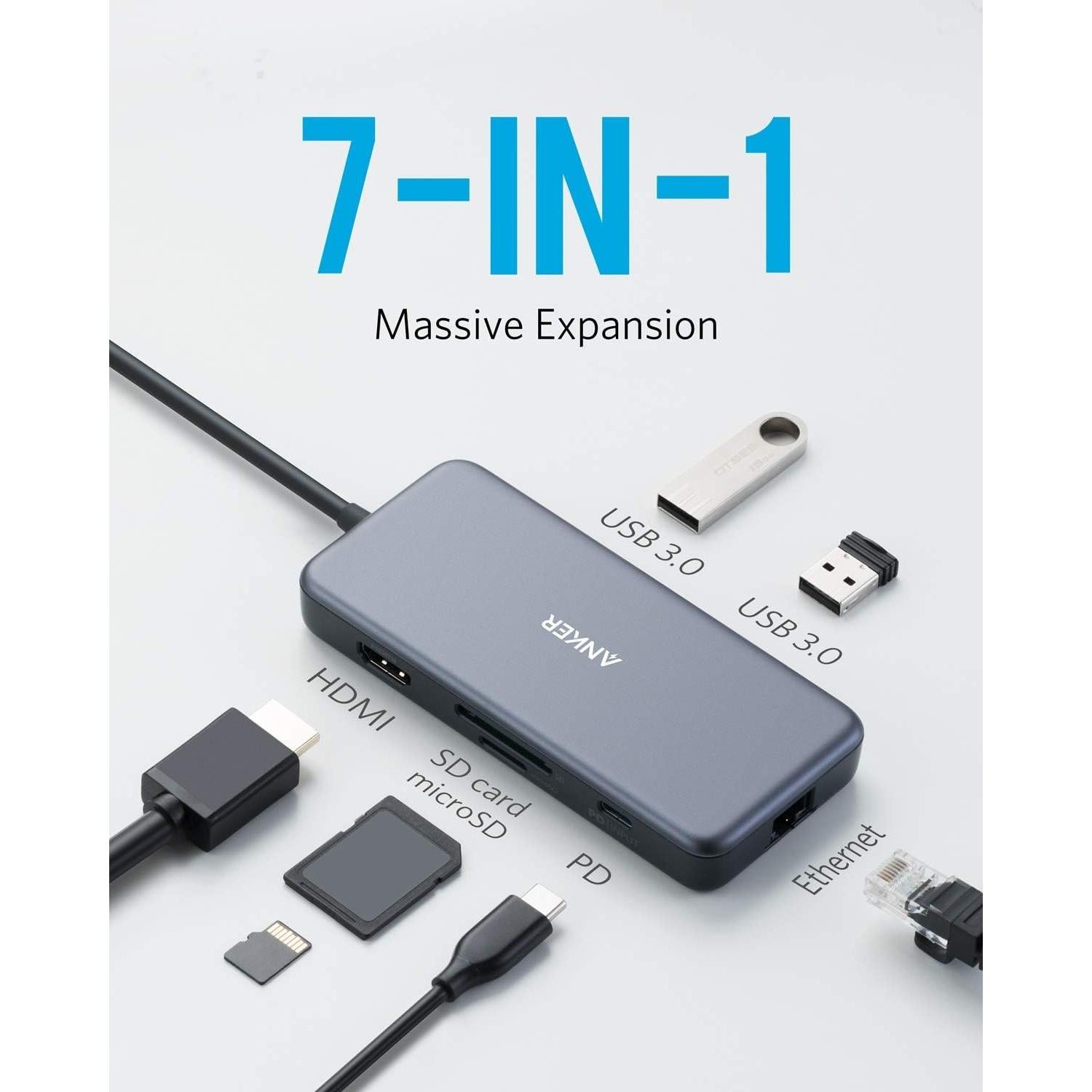 Hub USB-C Anker 7-en-1 con HDMI 4K y Ethernet 1Gbps