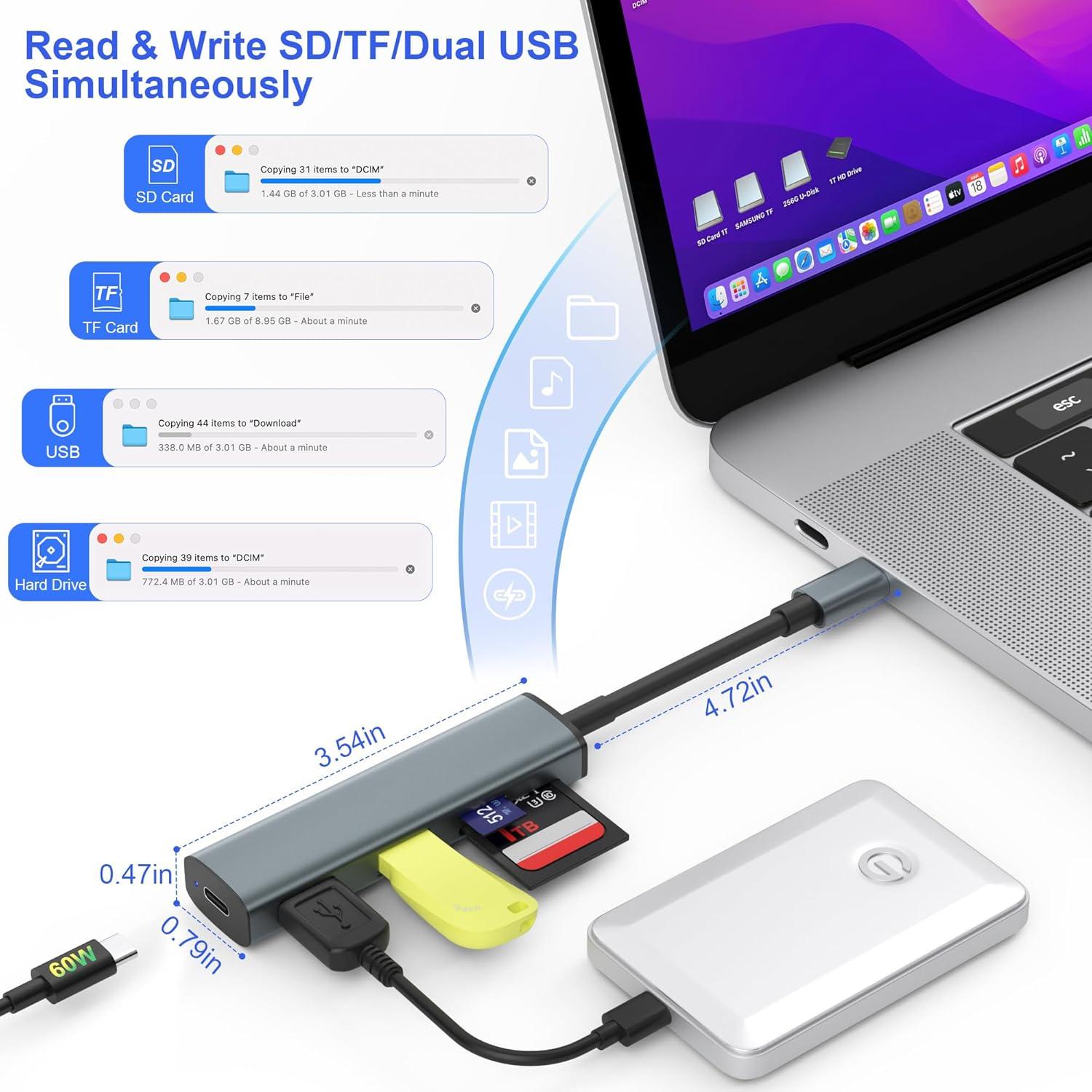 Lector de Tarjetas SD USB-C TIANSONG C2OST 60W 4 Puertos
