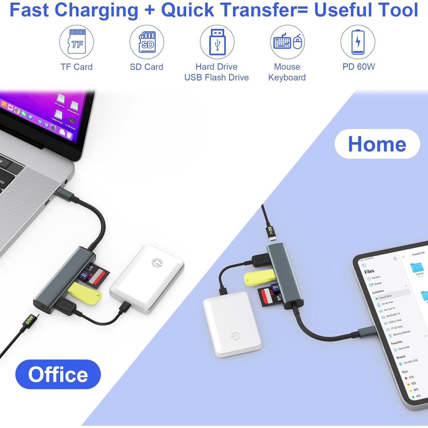 Lector de Tarjetas SD USB-C TIANSONG C2OST 60W 4 Puertos