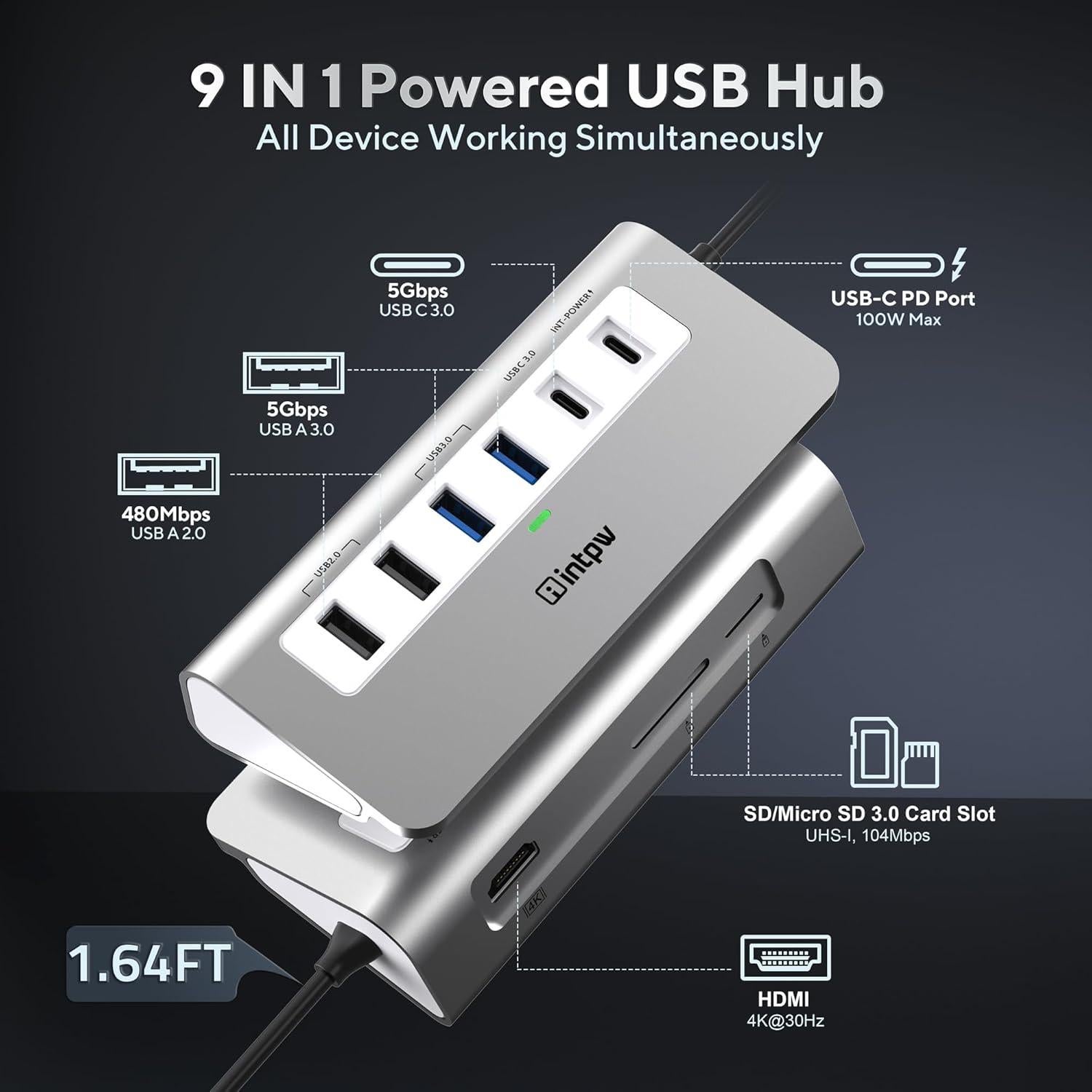 Hub USB C 9-en-1 INTPW con HDMI 4K, PD 100W, Aluminio