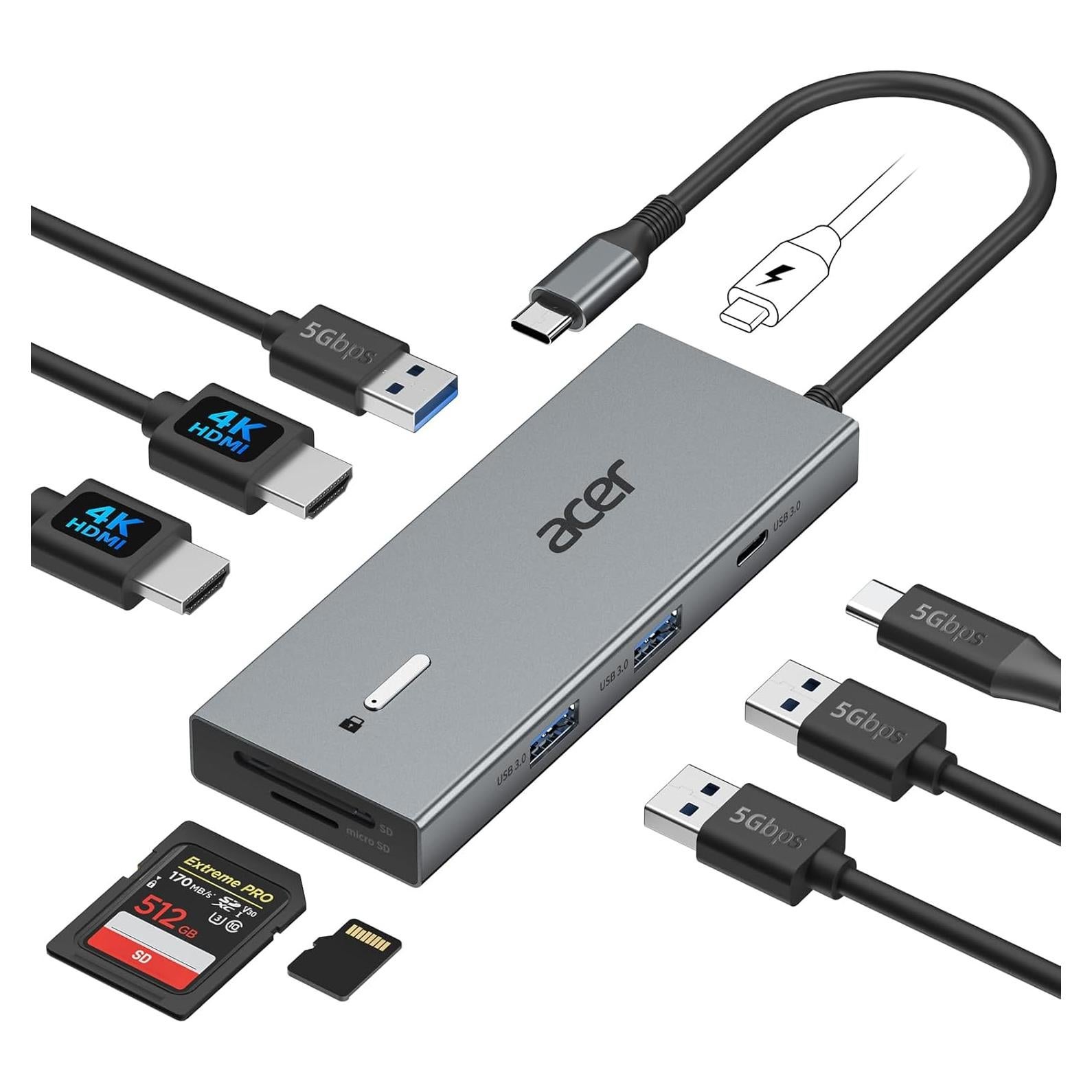 Estación de Acoplamiento USB C Acer 9 en 1 Doble HDMI 4K