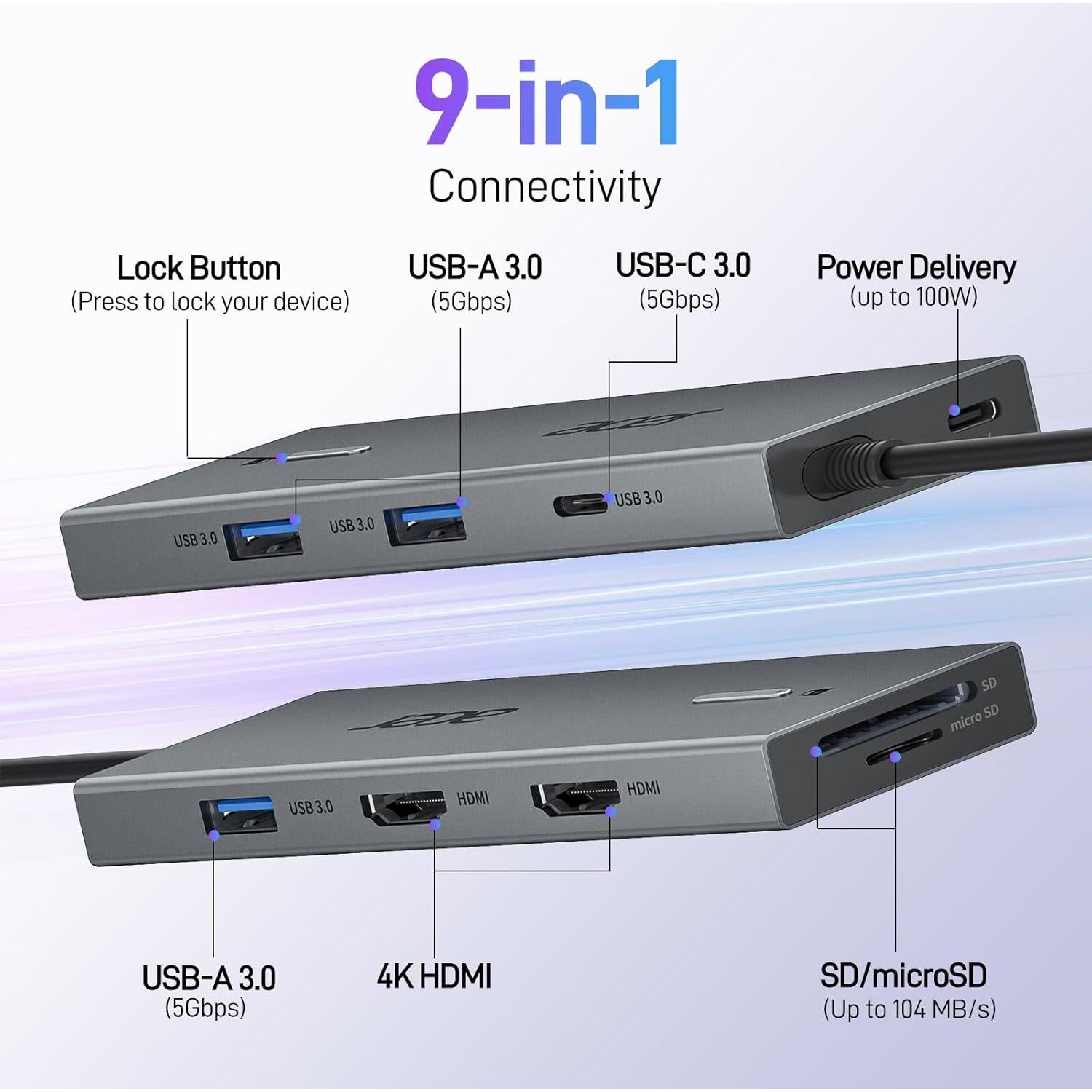 Estación de Acoplamiento USB C Acer 9 en 1 Doble HDMI 4K