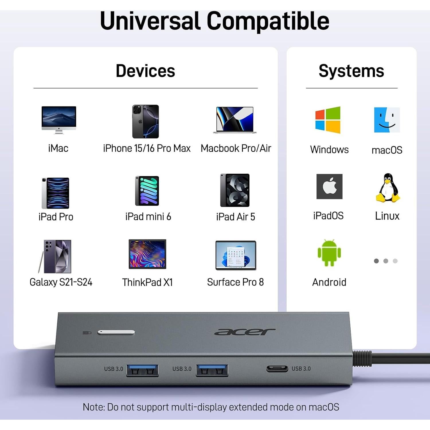 Estación de Acoplamiento USB C Acer 9 en 1 Doble HDMI 4K