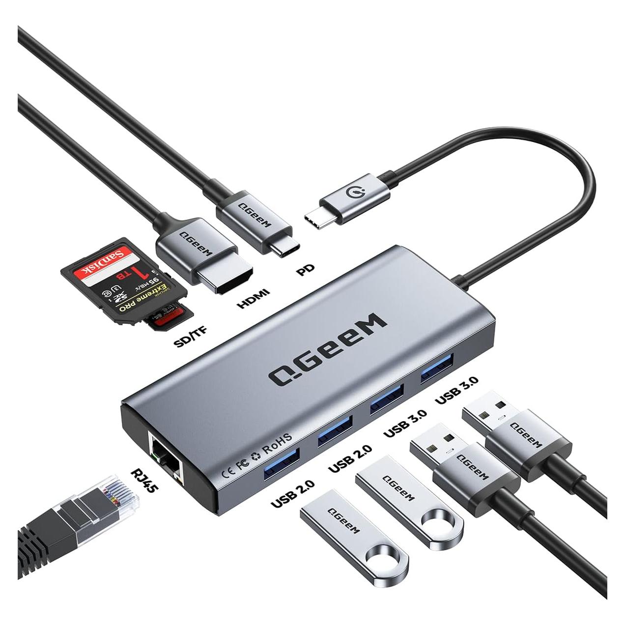 Hub USB C QGeeM 9 en 1 HDMI 4K 100W PD Ethernet SD TF