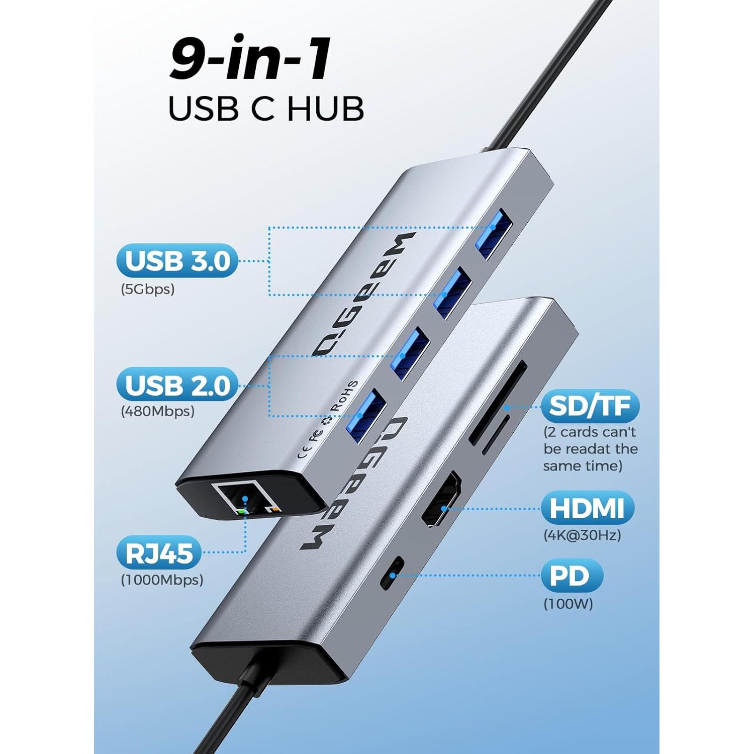 Hub USB C QGeeM 9 en 1 HDMI 4K 100W PD Ethernet SD TF