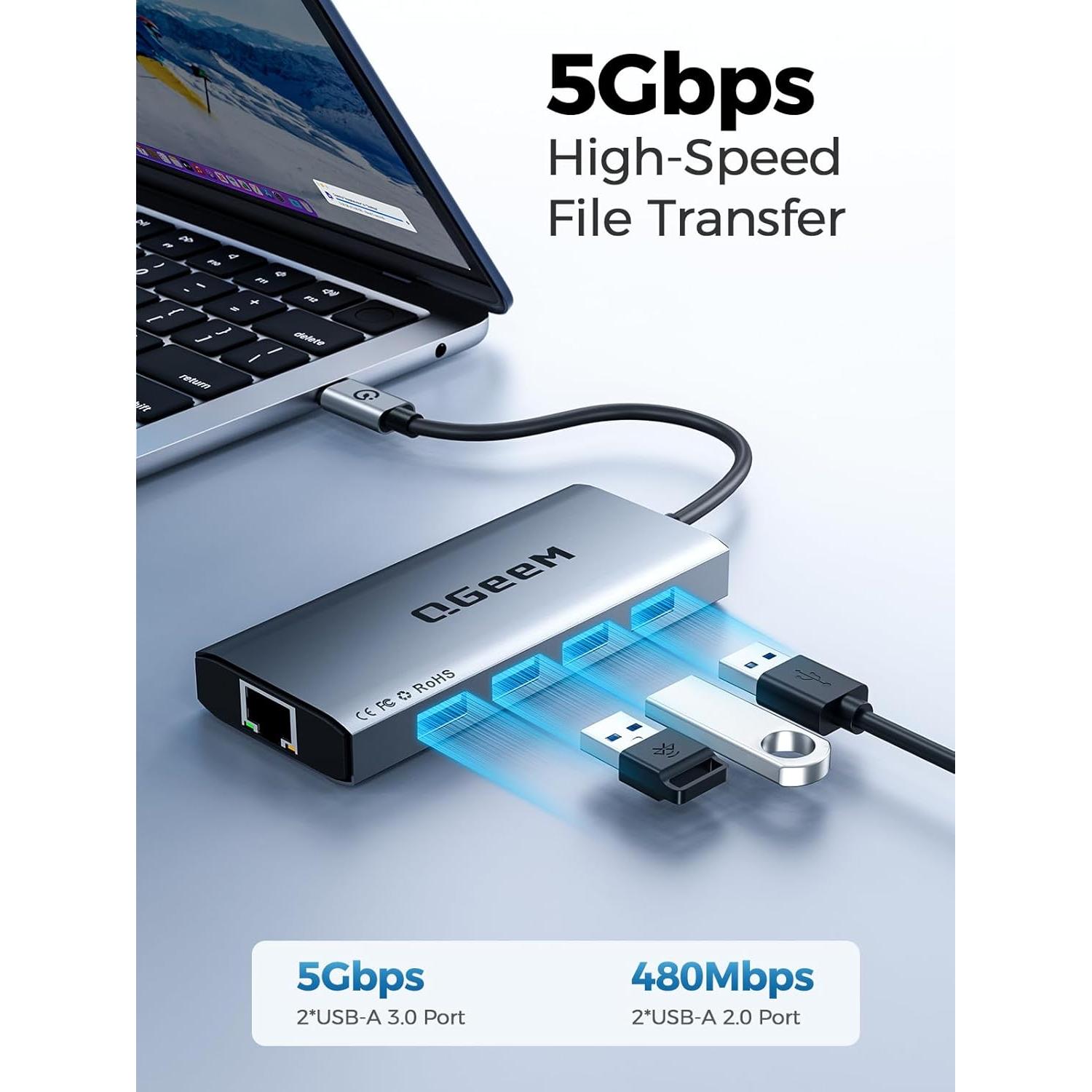 Hub USB C QGeeM 9 en 1 HDMI 4K 100W PD Ethernet SD TF