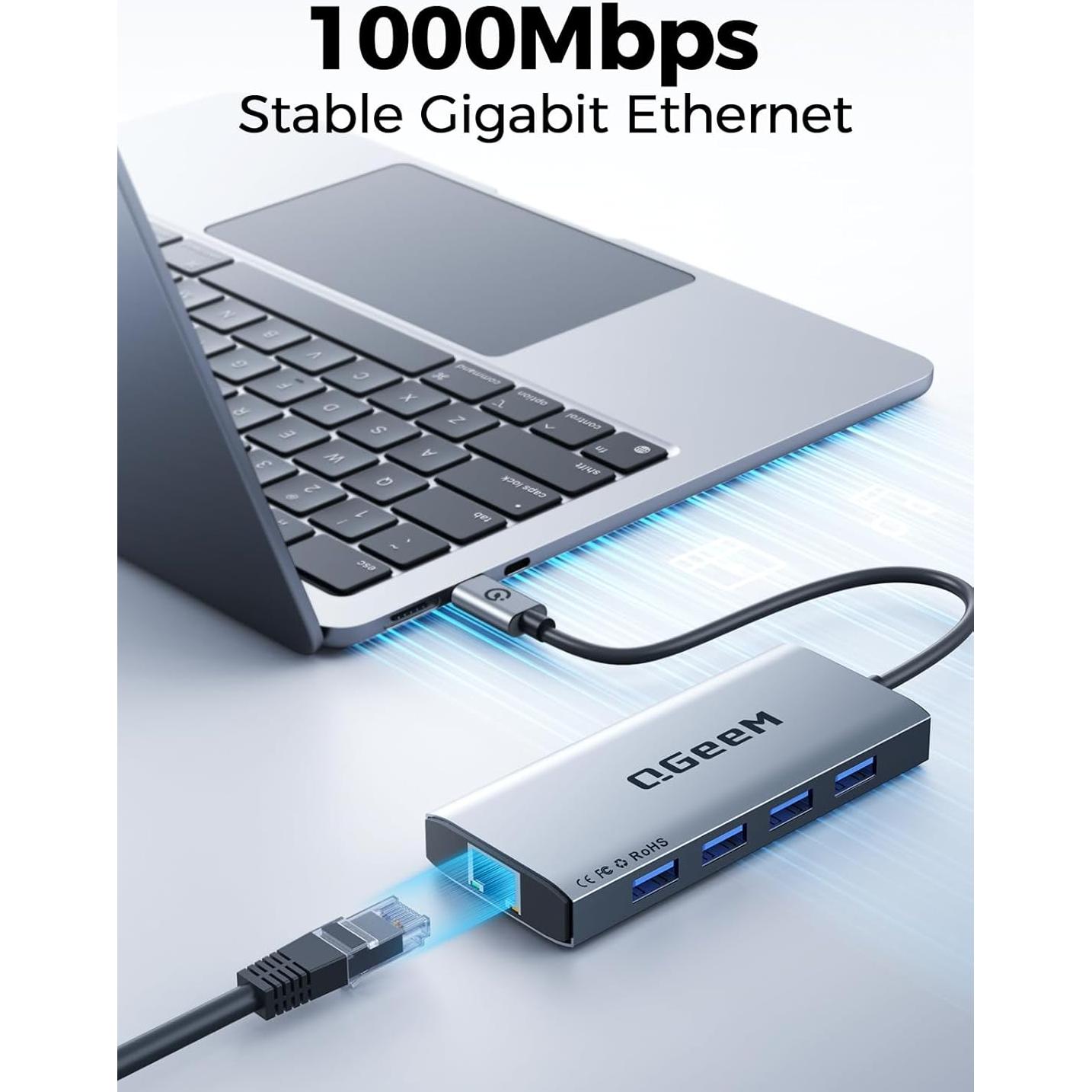 Hub USB C QGeeM 9 en 1 HDMI 4K 100W PD Ethernet SD TF